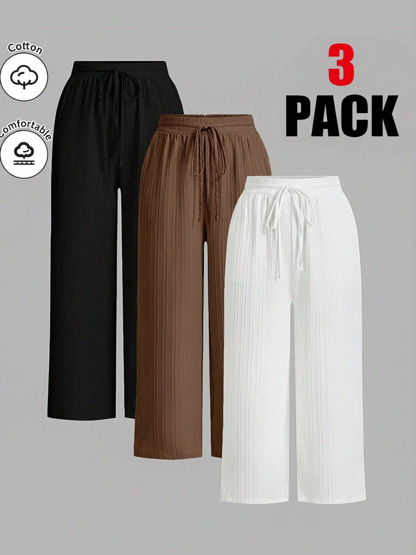 SHEIN Essnce Plus-Size Women's 3 Pack Wide-Leg Pants,Black And White,Autumn,Smart Casual,Everyday Basic Loose Pleated Elastic Waist Comfortable Baggy Pants