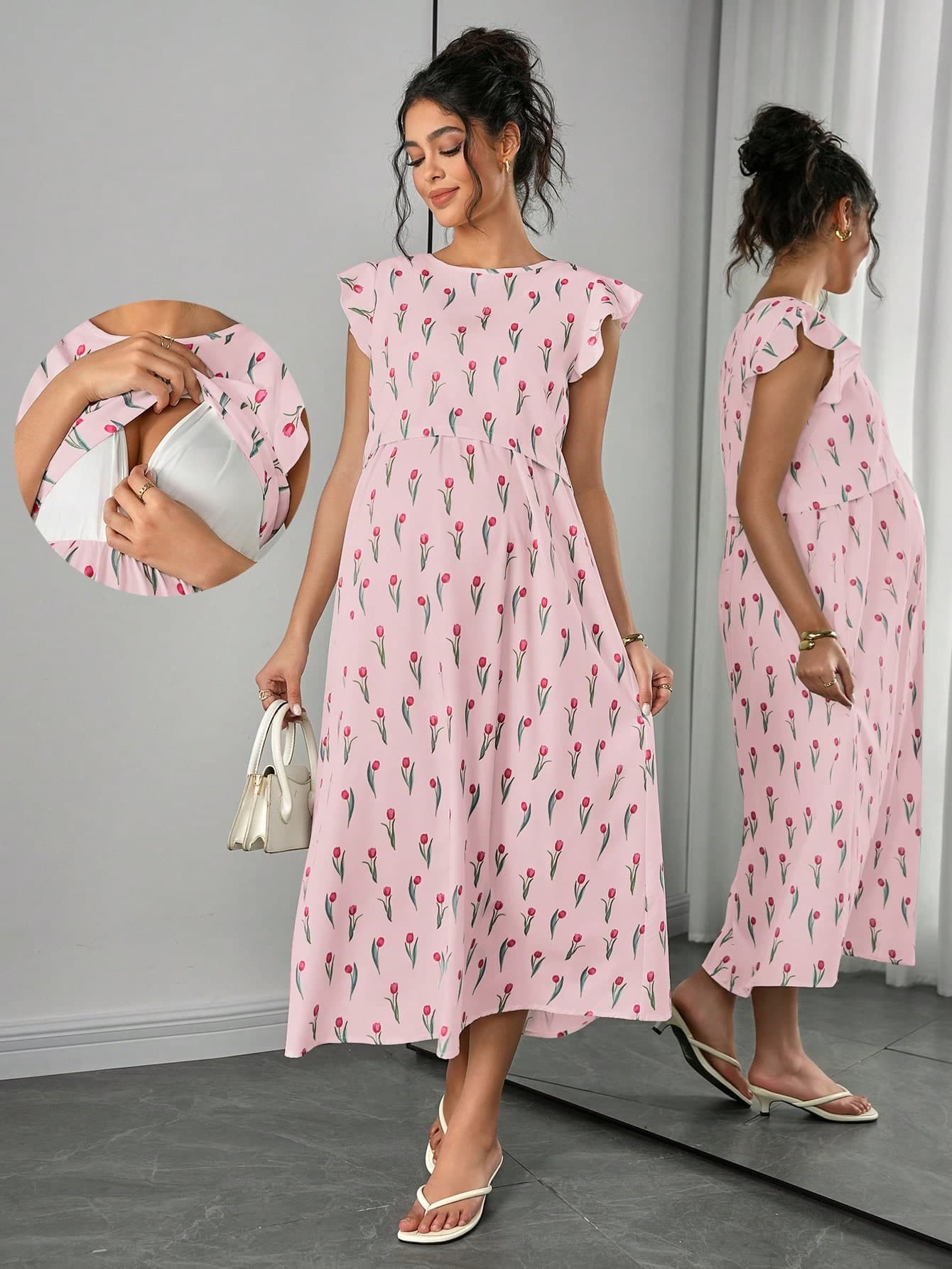 Momance Maternity Full Floral Print Round Neck Cap Sleeve Nursing Dress