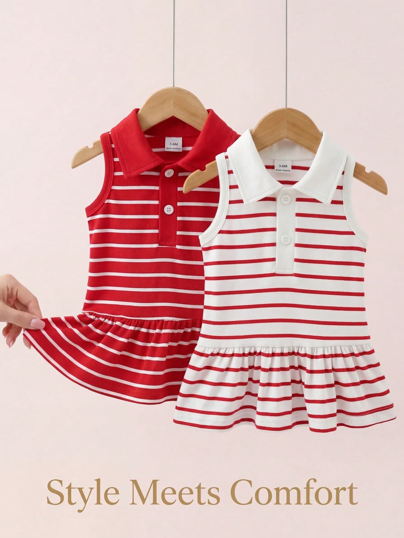 SHEIN 2pcs/Set Baby Girl Stylish Striped Lapel Sleeveless Dress, School Style, Suitable For Spring, Summer, Autumn, Outdoor Shopping, Daily Wear, Vacation