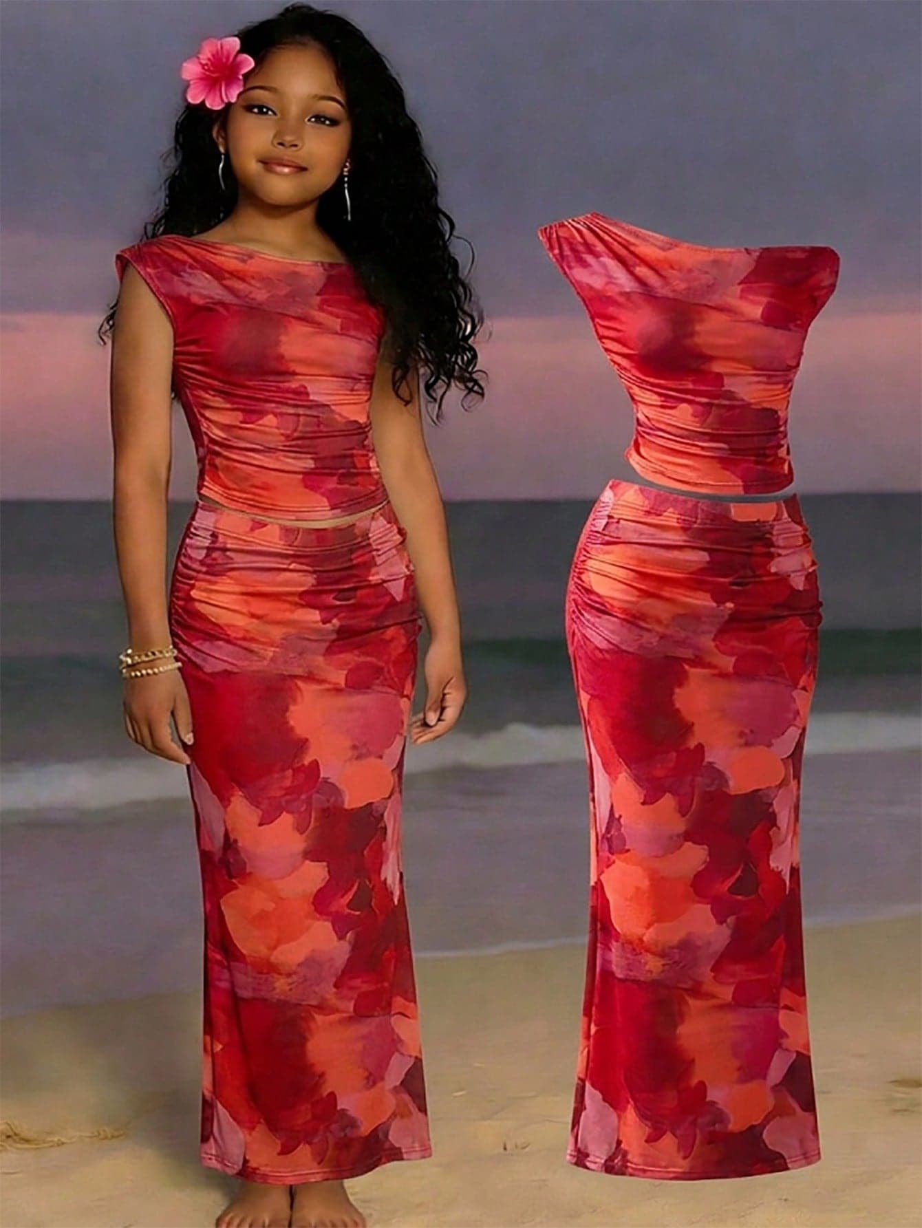 Sparklyn Teenage Girls' 2-Piece Set: Sleeveless Tie-Dye Boat Neck Top & High-Waisted Mermaid Maxi Skirt, Summer Beach Vacation Holiday Party Vibrant Outfits