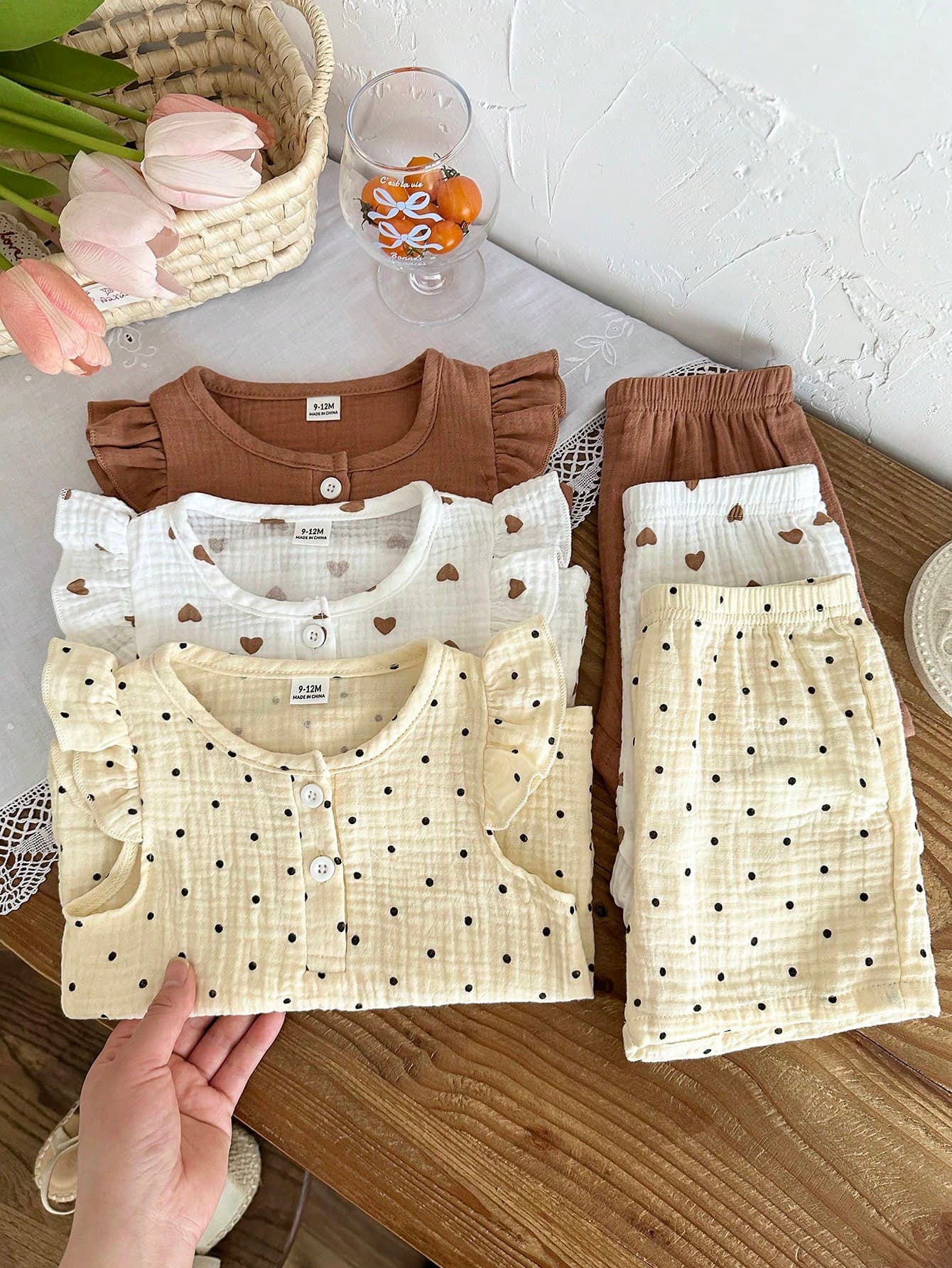 SHEIN Vintaside Kids Baby Girl 6pcs/3set Summer Casual Style Outfit ,Heart-Printing Dot Print Sleeveless And Shortpants
