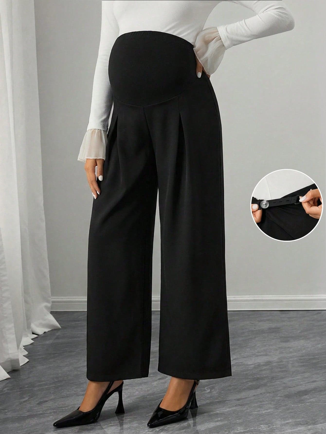Momance Adjustable High Waist Loose Wide Leg Pants,Maternity Clothes For Pregnant Women,Solid Black,Casual Daily Wear,Commuting,Formal, Fall,Delivery