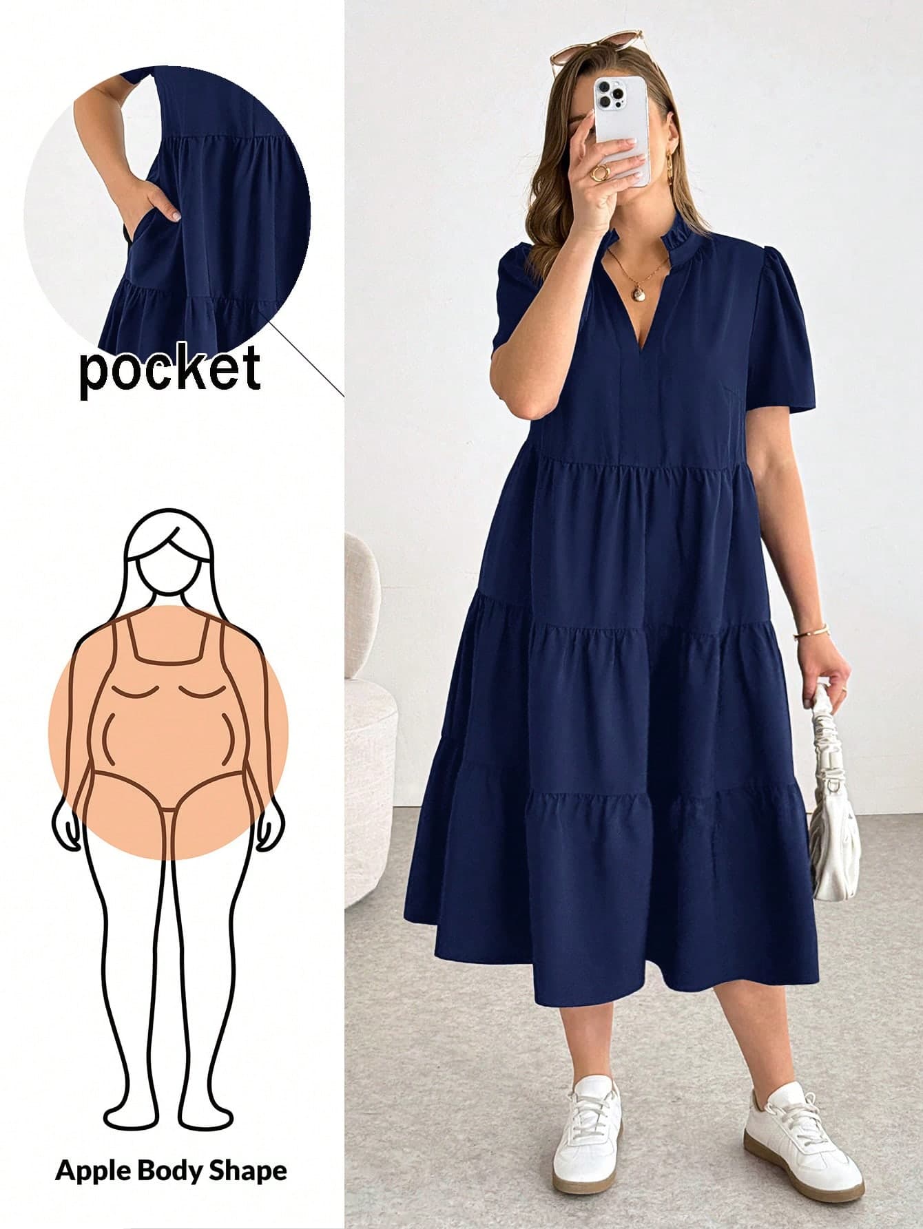 Shapeblank Plus-Size Women's Summer Midi Dress,Loose Comfortable Short-Sleeved Pocket Dress,Elegant Navy Blue Sommar Smart Casual Vacation Everyday Outfits