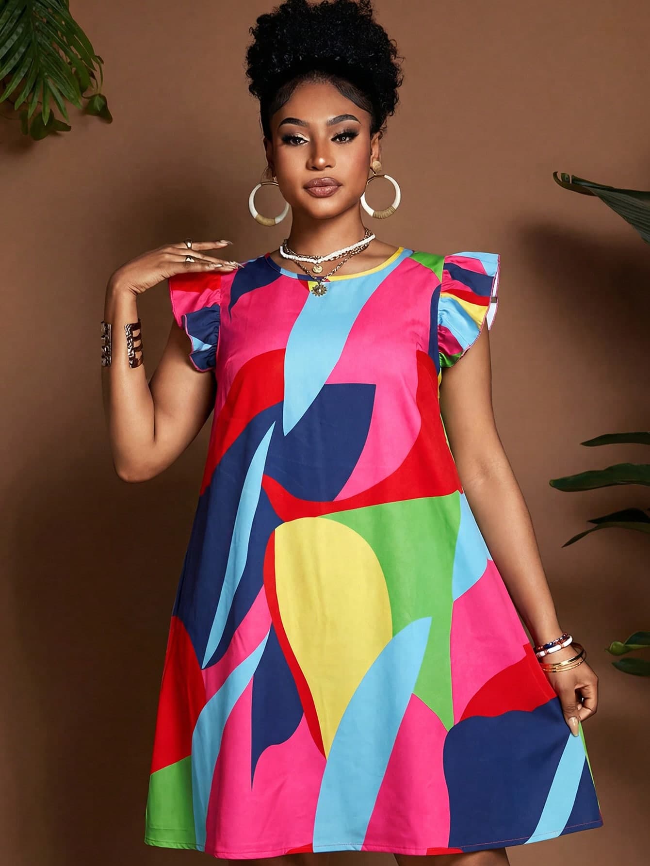 Maweii Women's Plus Size Pink Summer Elegant Vacation Holiday Colorful Floral Print A-Line Dress,Round Neck Flare Sleeve Casual Loose Fashion Design Dress