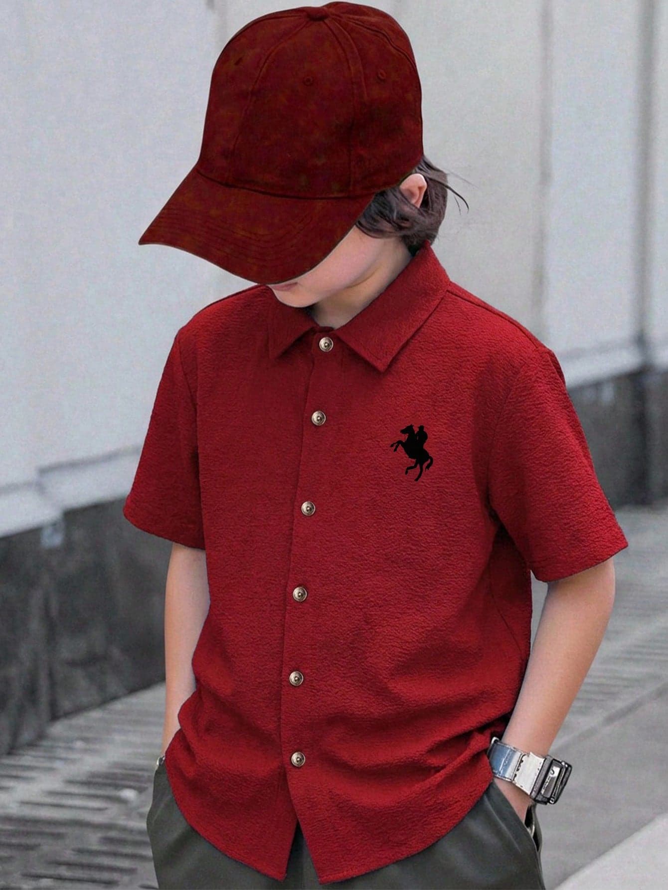 SHEIN Tween Boy Red Polo Collar Short Sleeve Shirt,Summer Casual School Minimalist Comfortable Y2k Streetwear Burgundy Vintage Boho Birthday Modest Cozy