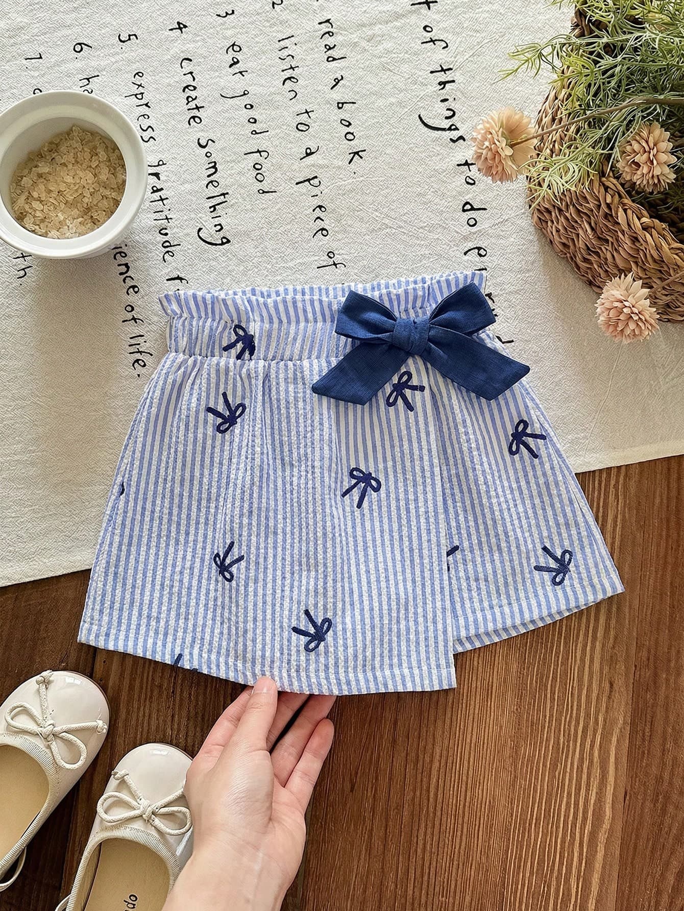 Young Girl Summer Casual Vacation & Commute Bow Striped Print Paper Bag Waist Skirt Pants