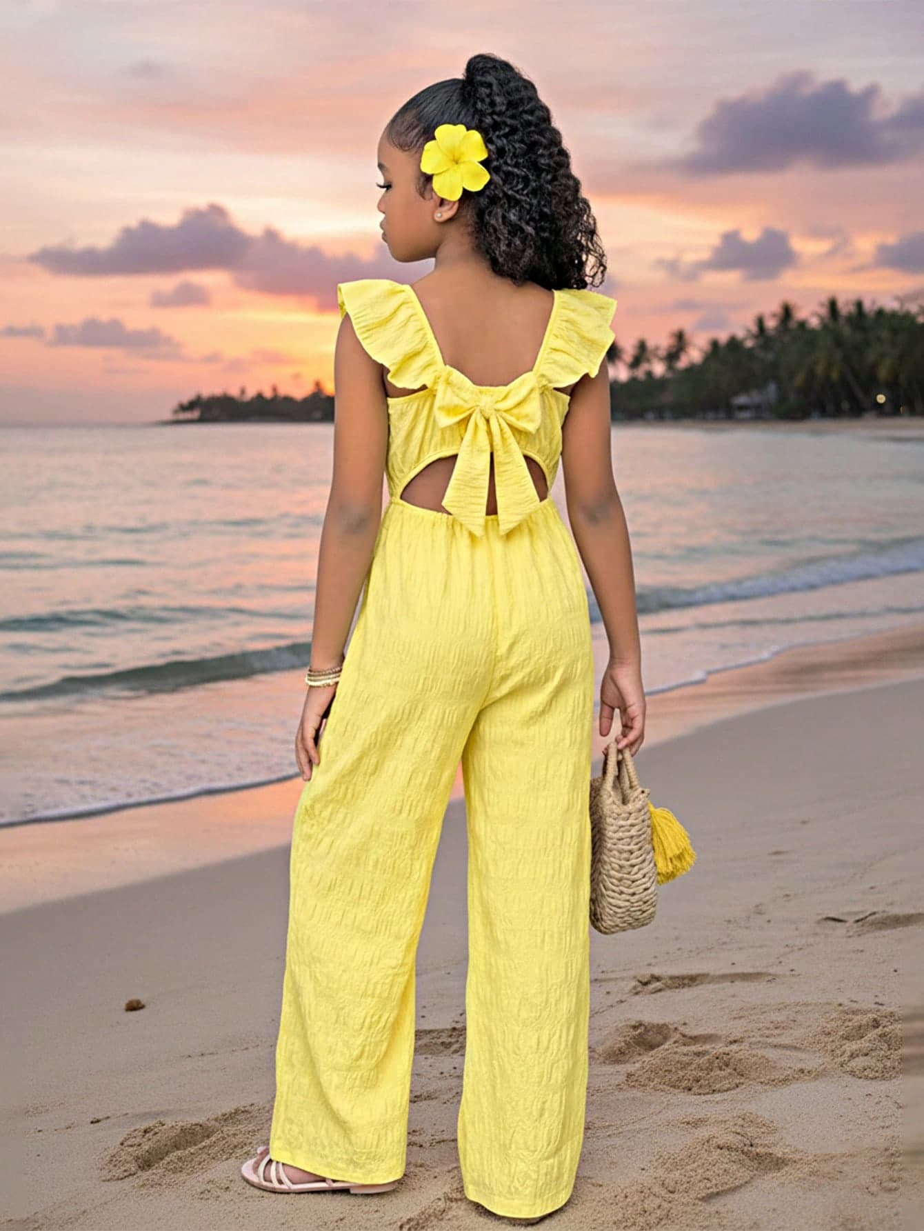 SHEIN Sparklyn Girls' Sleeveless Jumpsuit,Lemon Yellow,Summer,Cute,Beach,Holiday Hollow Back Design,Big Bow,Cap Sleeve Ruffle Trim,Mommy And Me Matching Outfits