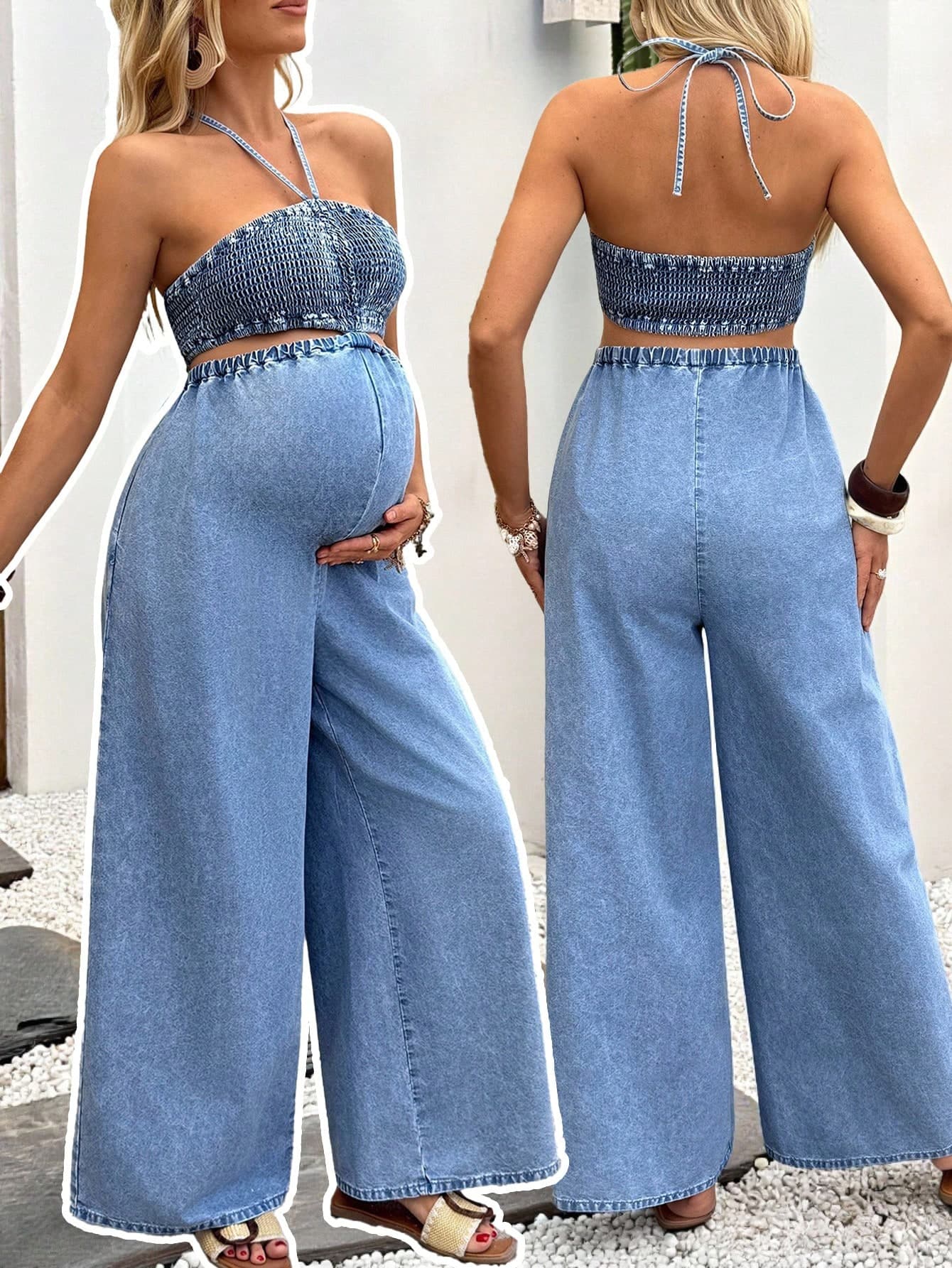 SHEIN Women's Light Blue Summer Casual Maternity Denim Jumpsuit,Hollow Out Halter Neck Shirred Top,Wide Leg Loose Fit Romper For Beach Vacation Party Chic