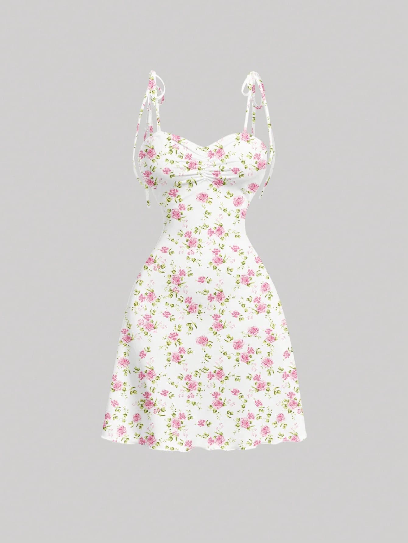 SHEIN MOD Casual Ditsy Floral Shoulder Tie Front Ruched Waist A-Line Dress, Suitable For Summer,Summer Dresses For Women