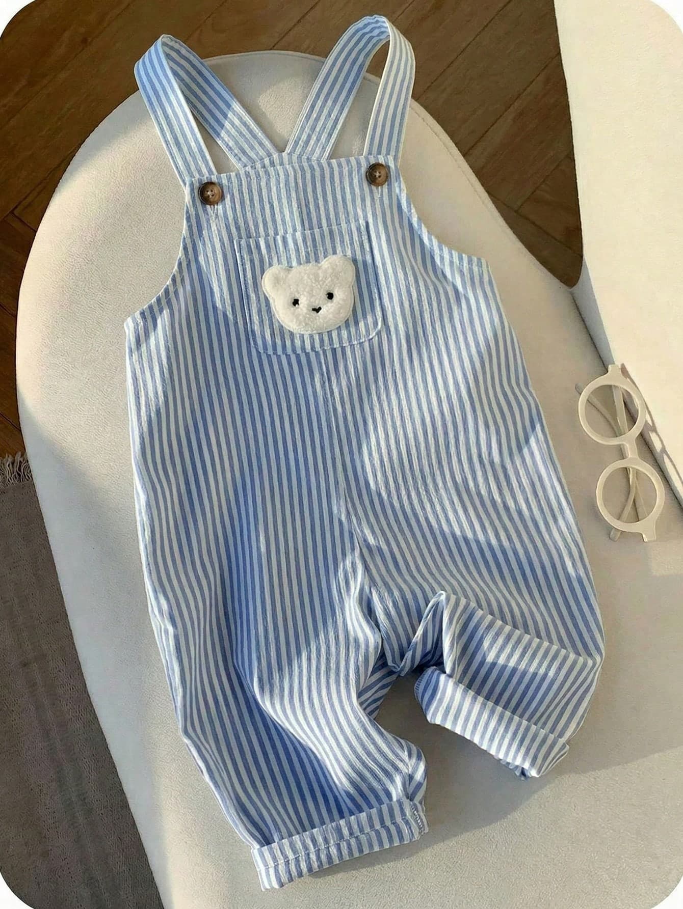 SHEIN Baby Boy Blue White Stripe Summer Casual Cute Family Matching Cartoon Bear Bib Jumpsuit Cotton Overall Dungaree Christening Outfit Photoshoot Clothes