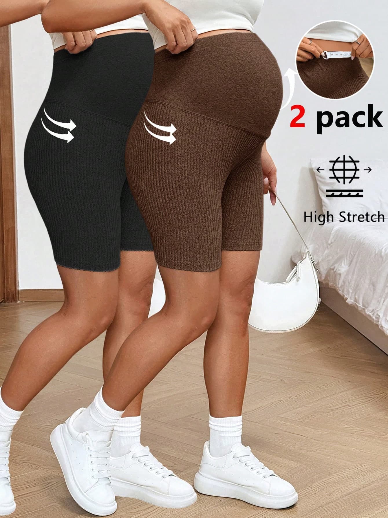 SHEIN 2 Pack Maternity High Waist Ribbed Biker Shorts, Maternity Casual Solid Color Leggings High Stretch Yoga Gym Shorts