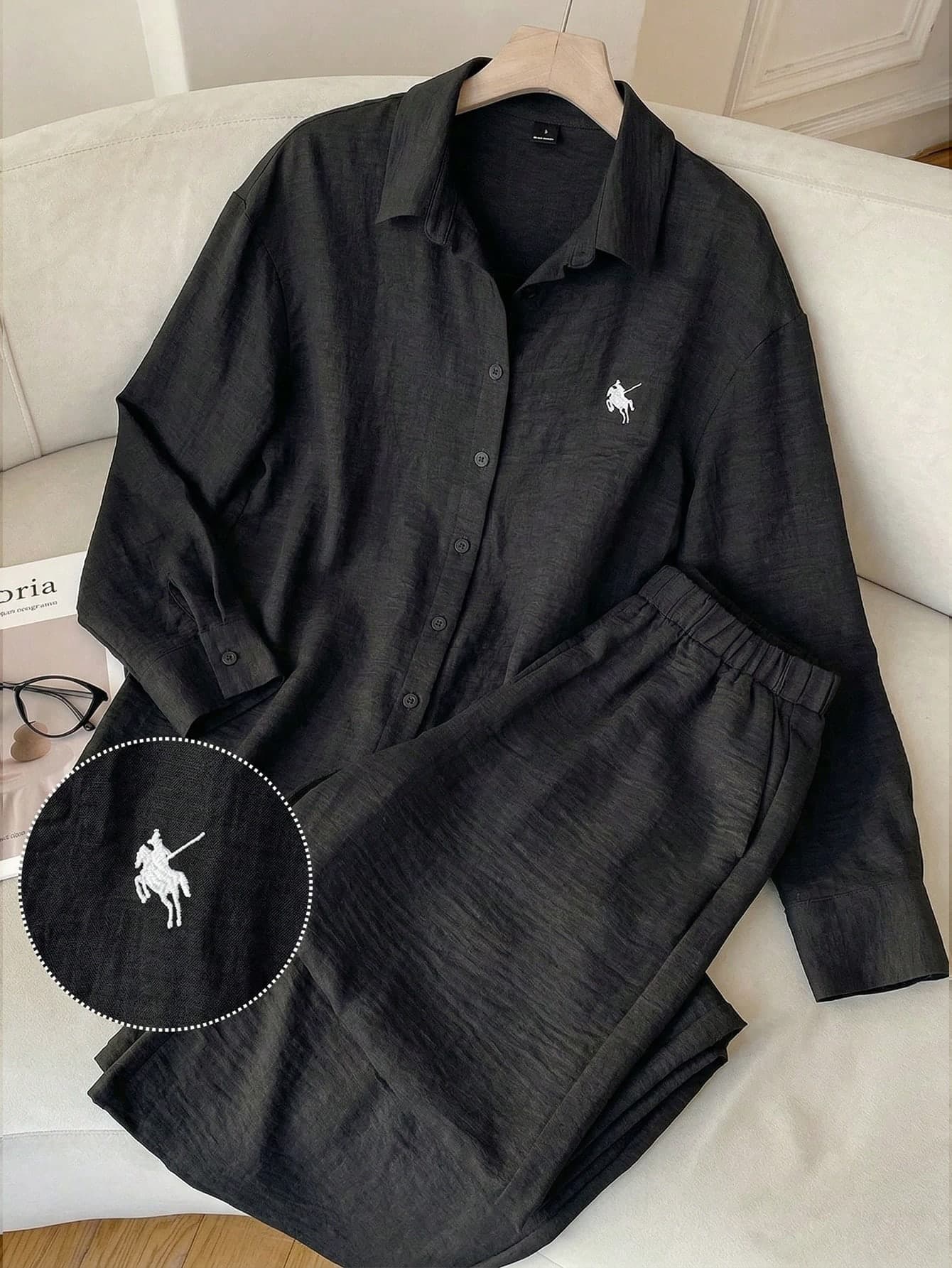 SHEIN EZwear Women's Black Autumn Basic Casual Loungewear 2 Pieces Set,Horse Embroidery Woven Shirt & Pants Suit,Linen Matching Blouses Polo Tracksuit Work Outfits