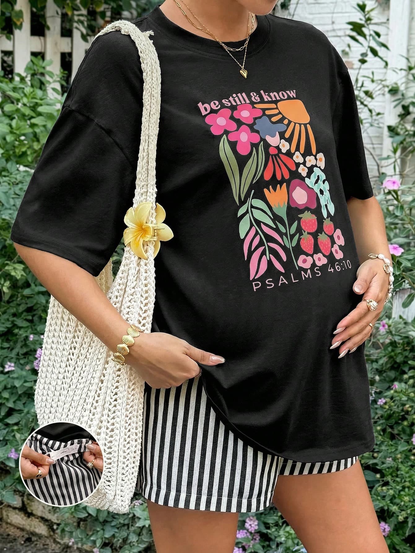 Lyckli 2pcs Maternity Vacation Slogan & Floral Print Drop Shoulder T-Shirt And Striped Shorts Set