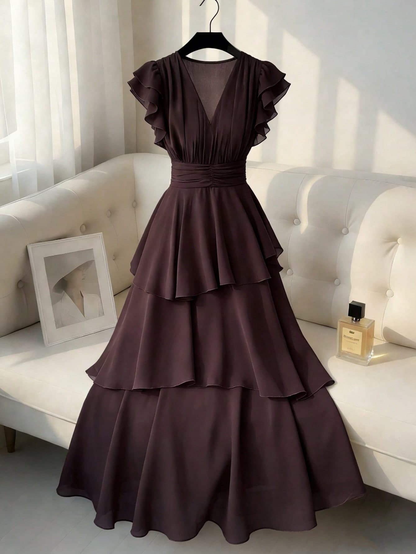 Franclia Women's Dark Brown Summer Elegant Long Dress,V-Neck Chiffon Layered Ruffles Flutter Sleeve A-Line Pleated Retro Style For Dinner Date Party Holiday