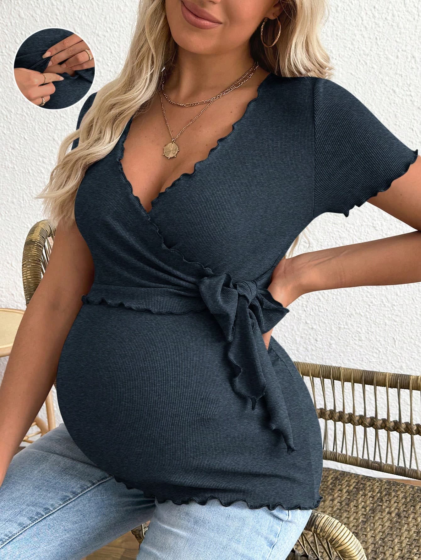 SHEIN Maternity Solid Color Wrap Knot Short Sleeve Casual T-Shirt World Cup Fall