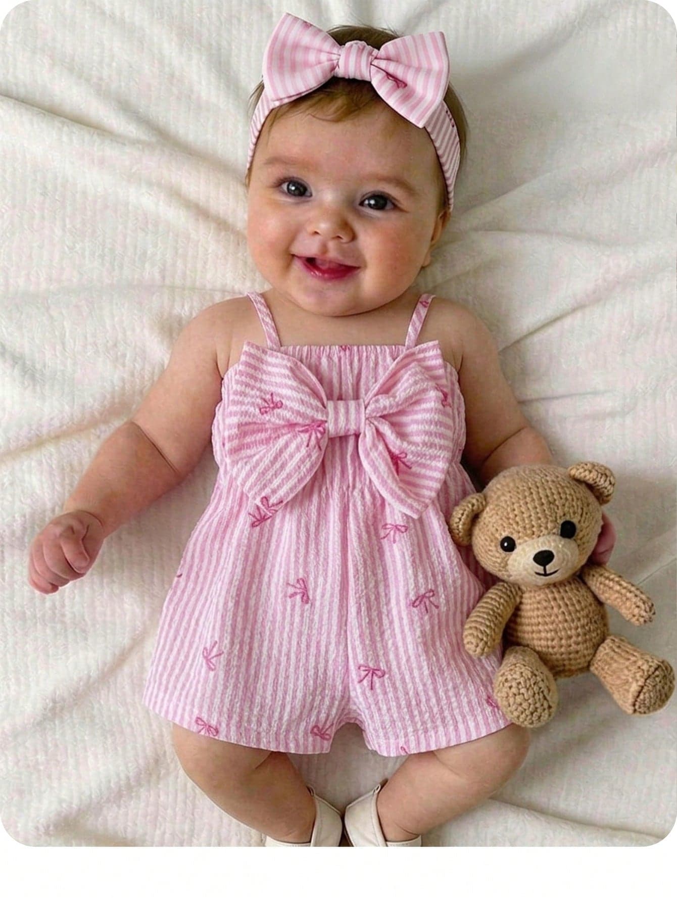 SHEIN Newborn Baby Girl Summer Vacation Casual Cute Pink Striped Bow Strap Romper