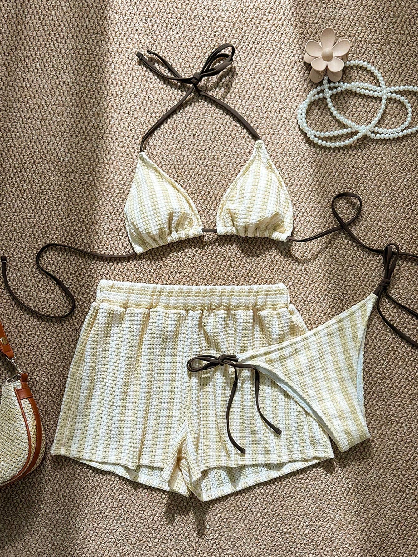 Swim Vcay 3pcs/Set Bohemian Style Crochet Fabric Drawstring Swimwear Cover Up Bikini Set