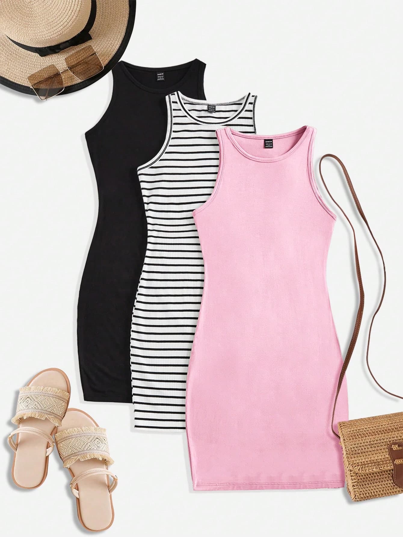 3pcs Tween Girls Casual Minimalist Knit Camisole & Skirt Set