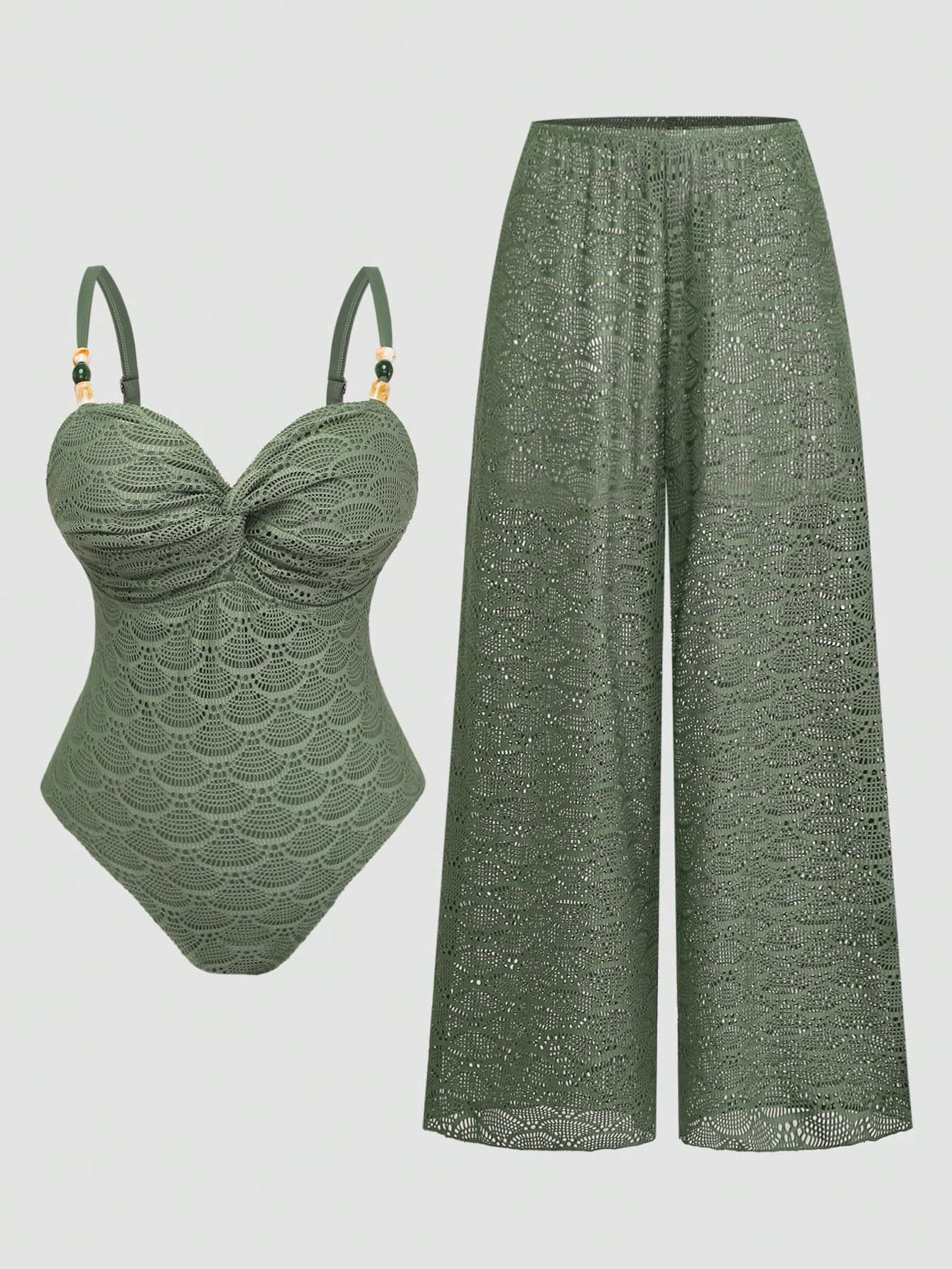 Swim Oasis Plus Size Solid Color Beaded Decor Spaghetti Strap One-Piece Swimsuit With Long Pants