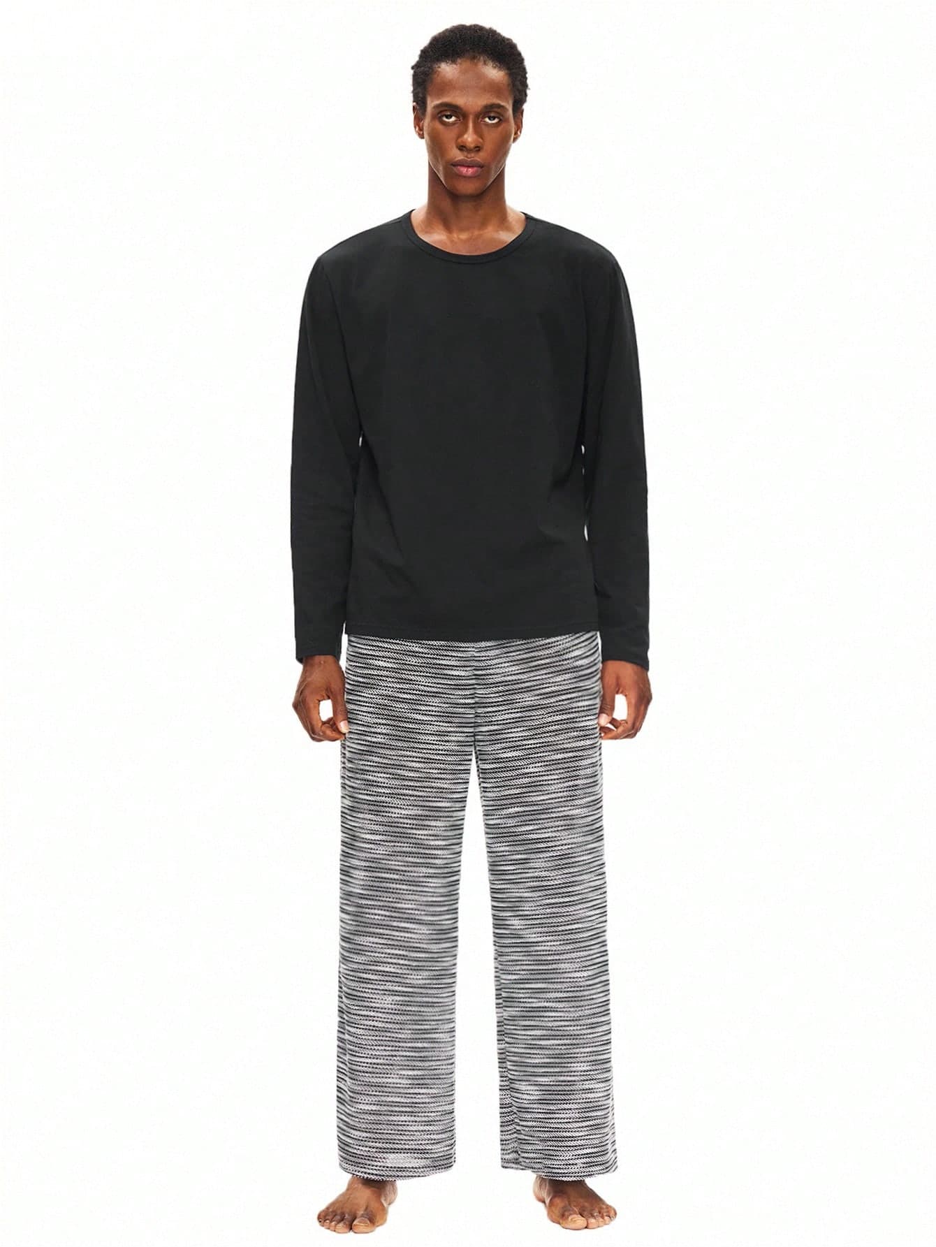 Rest Era Men's Black Striped Crew Neck Long Sleeve Top And Pants Pajama Set, Winter Clothes