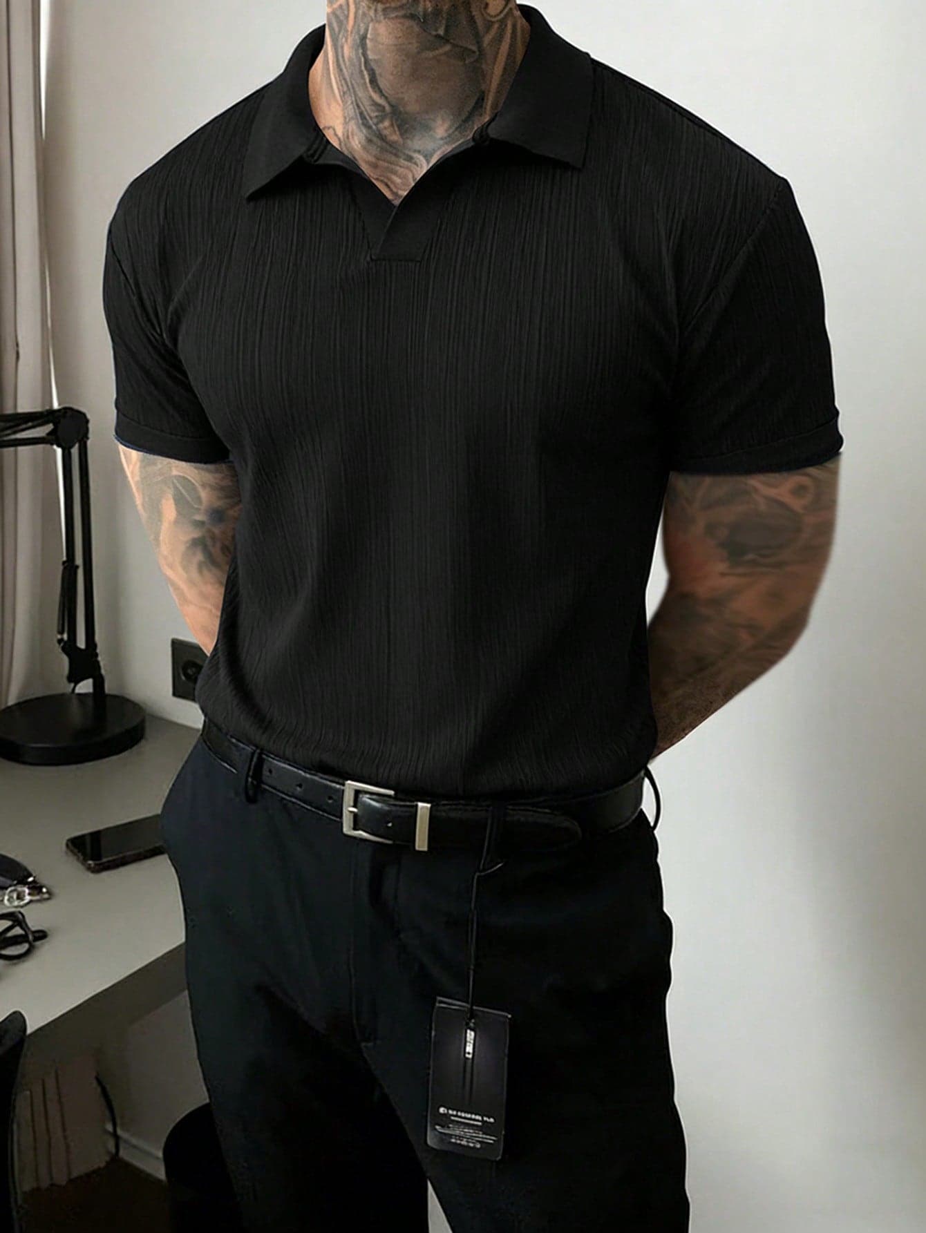 JOLTRO Men's Black Ribbed Short Sleeve Polo Shirt, Summer Casual Slim Regular Fit Half-Placket Textured Solid Color Top, Breathable Classic Collar Office Wear, Formal