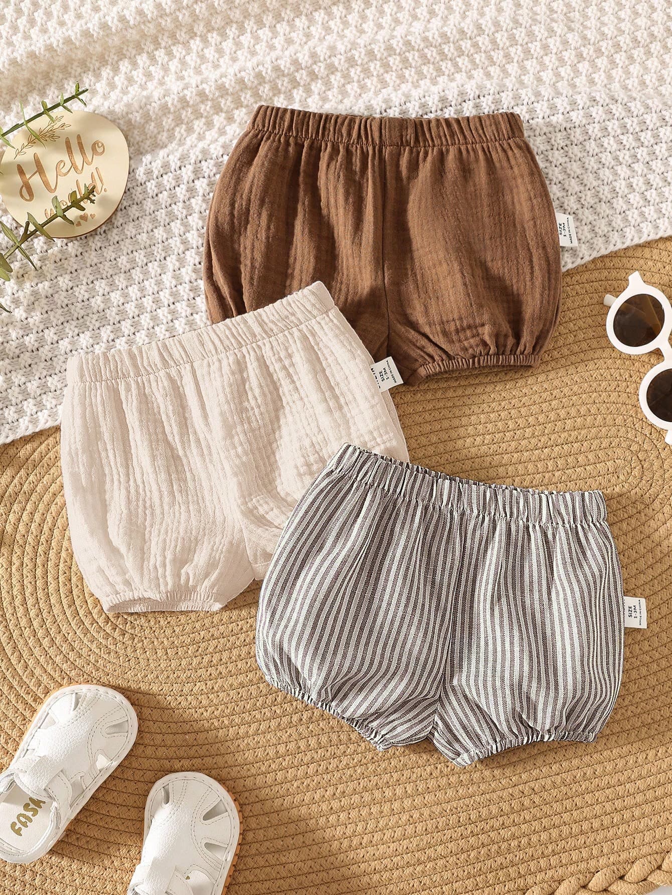 3pcs/Set Newborn Baby Boy/Girl Summer Casual Versatile Striped & Solid Elastic Waist Shorts, Leggings, Underwear