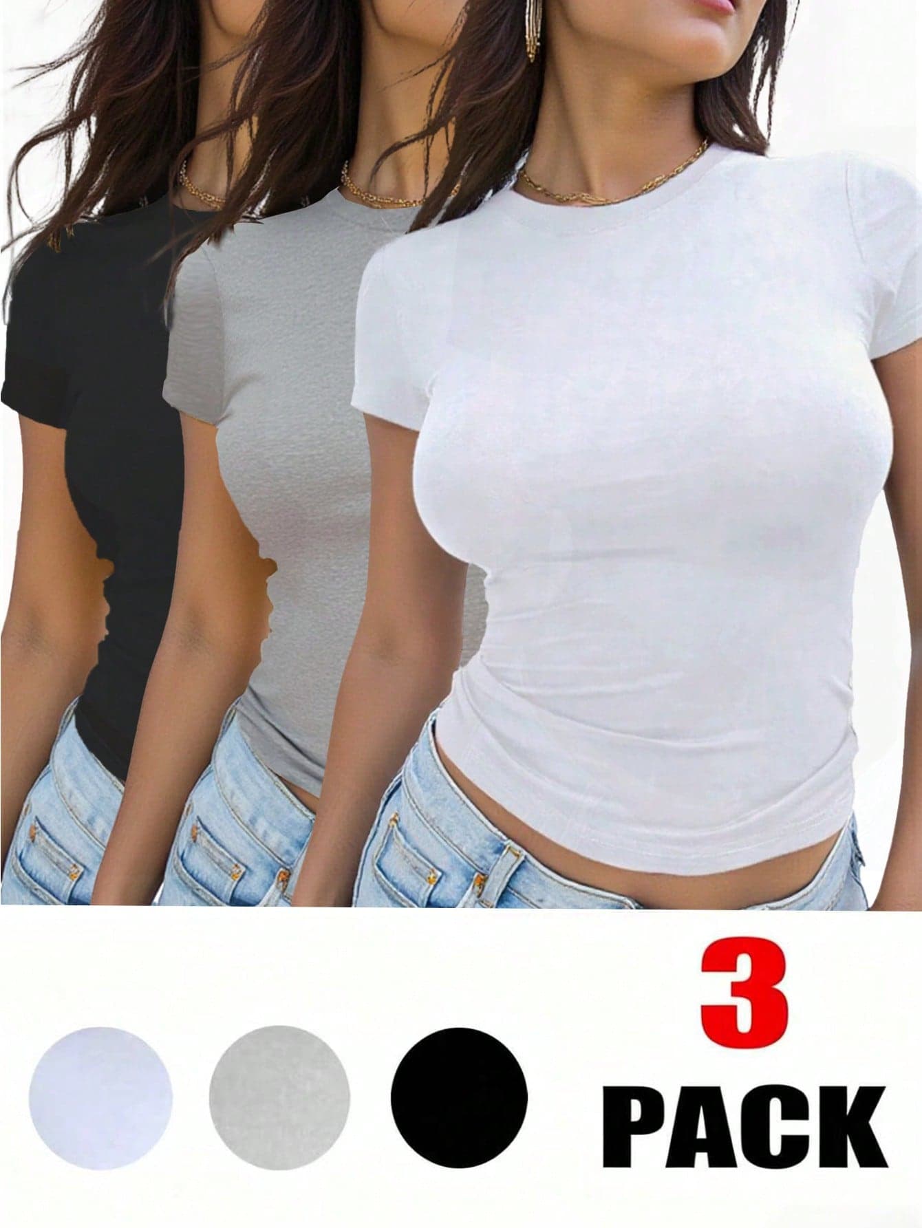 INAWLY 3pcs/Set Women's Basic Solid Color T-Shirt, Short Sleeve Tops