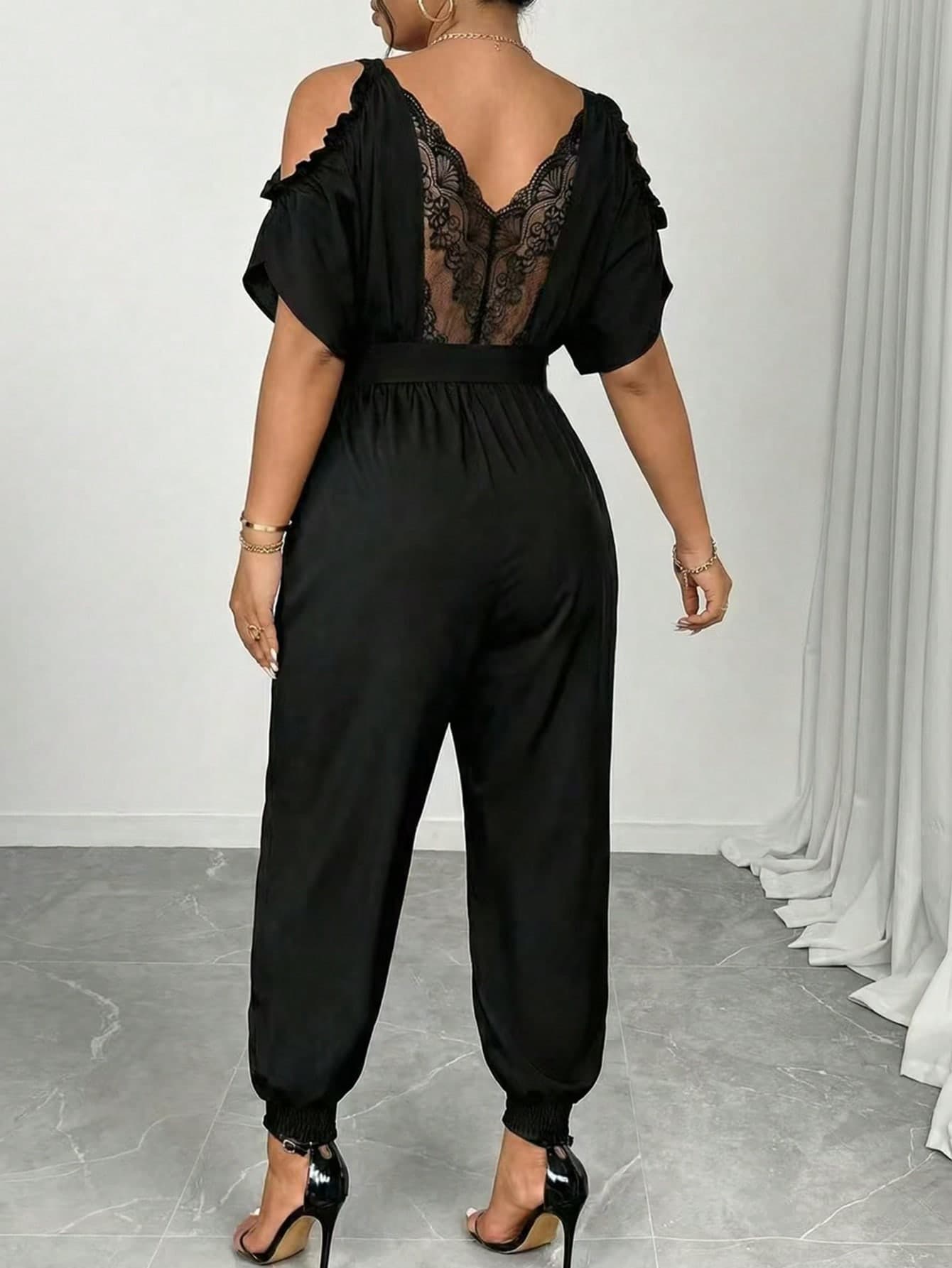 SHEIN Elenzya Plus Size Black Off-Shoulder Lace Jumpsuit,Elegant Curve Night Out Cocktail Club Summer Wide Leg 2 Piece Set,Cinched Waist See Through Jumpsuits