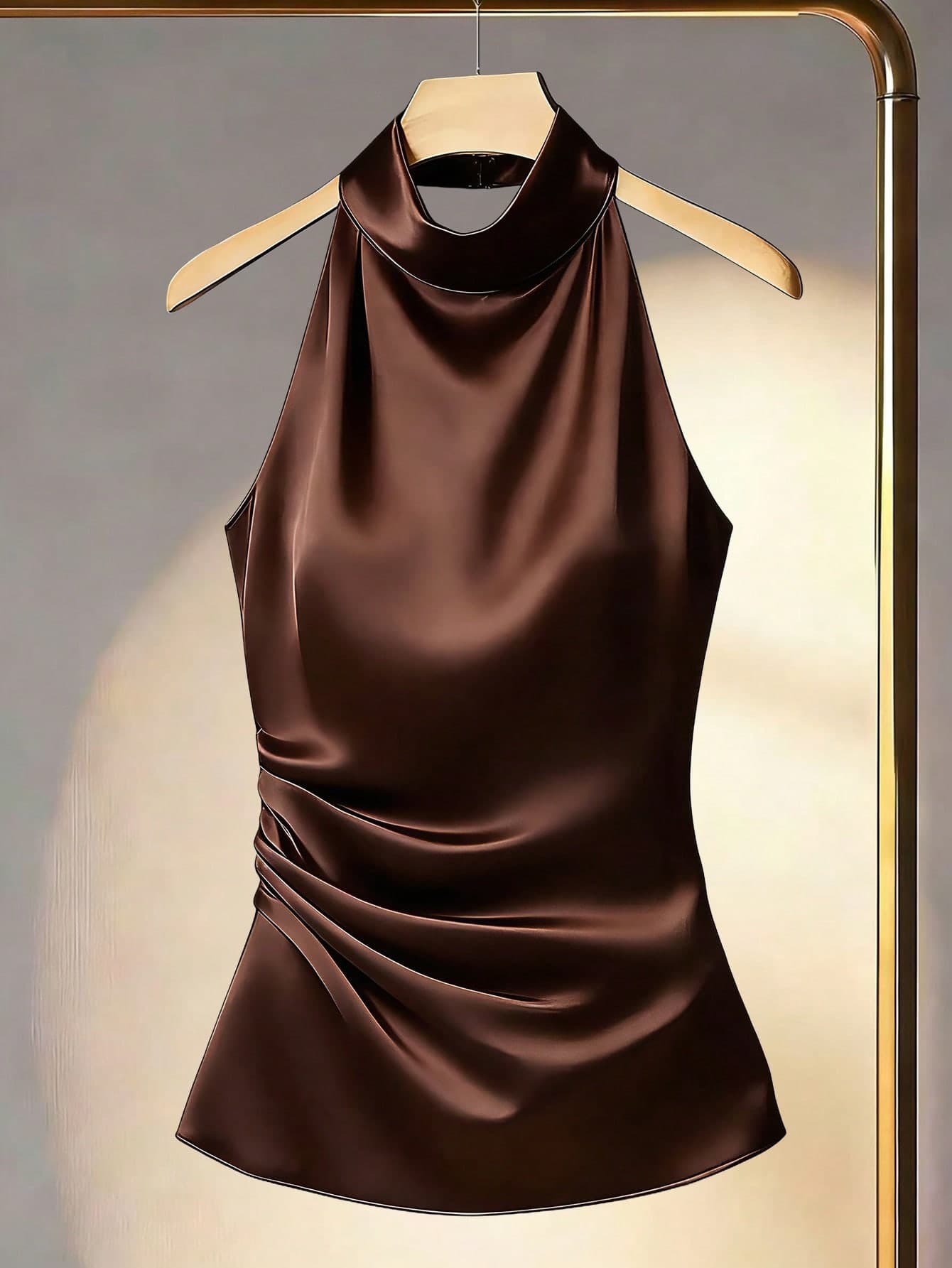 Franclia Women's Solid Color Halter Neck Drape Elegant Fitted Blouse, Summer