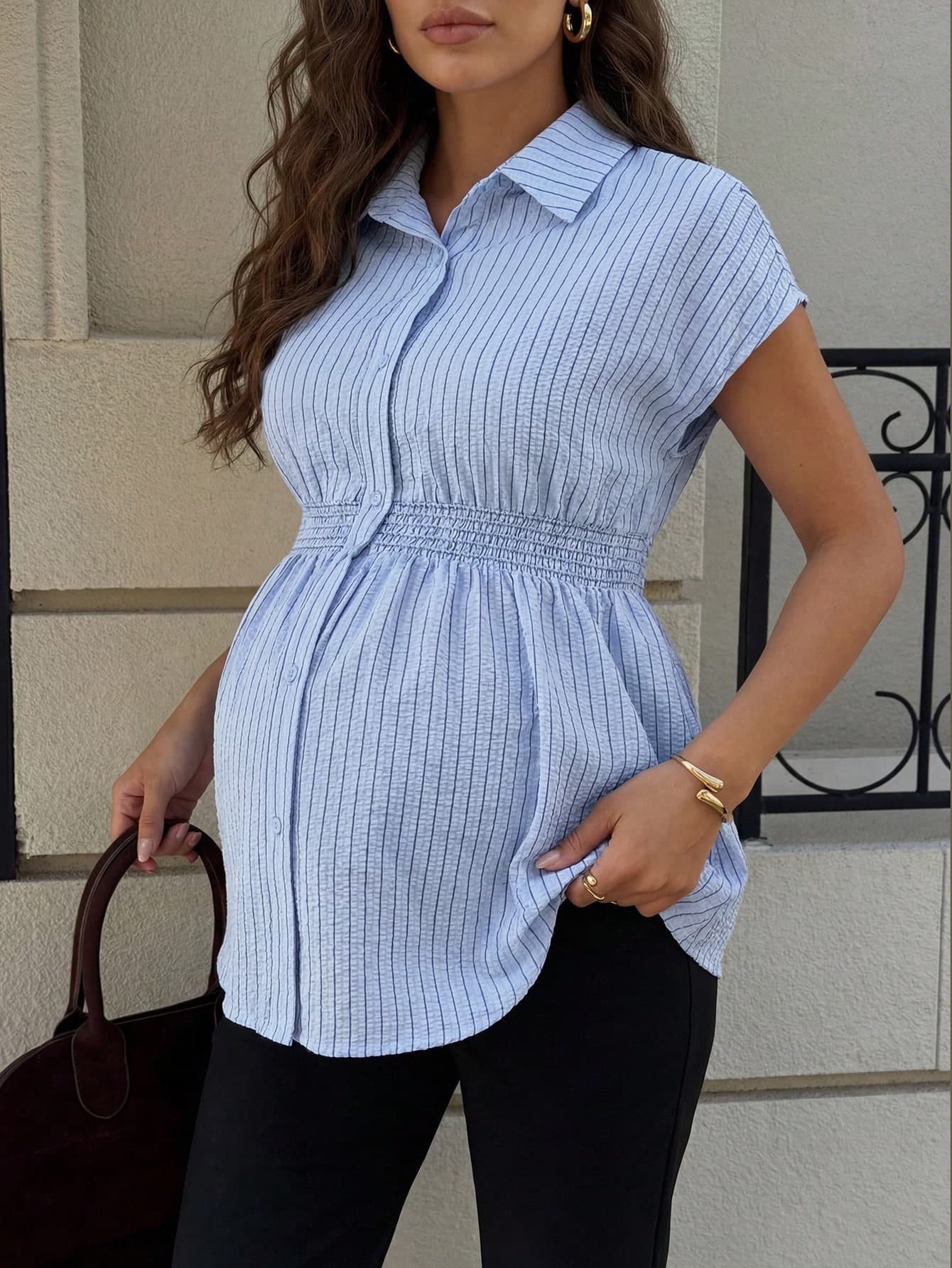 MaterniWear Maternity Striped Printed Button-Down Casual Short-Sleeve Blouse For Pregnant Women , Summer Social Blouse Mother's Day Fall
