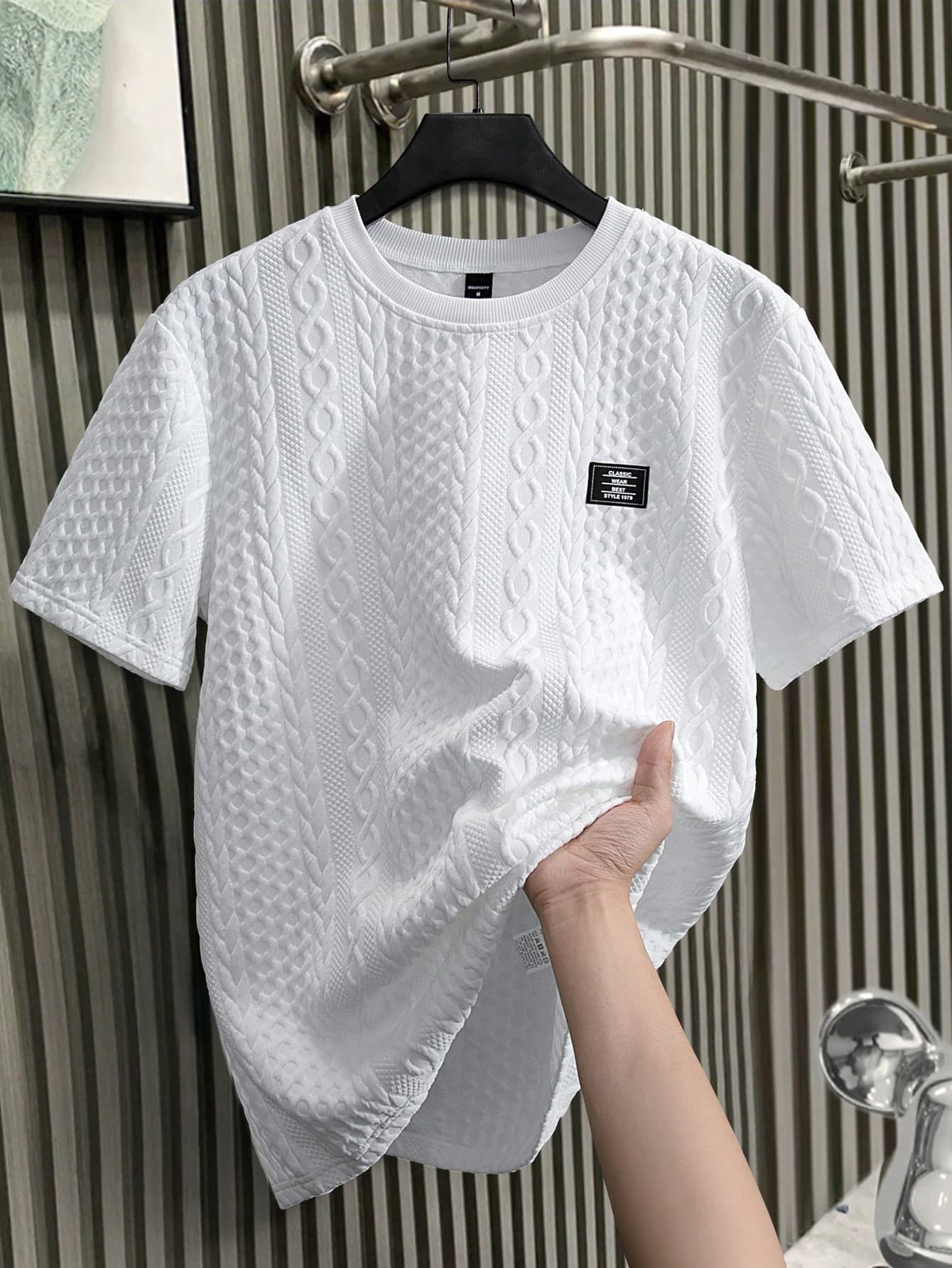 Manfinity Homme Men's Short Sleeve Knit T-Shirt,Round Neck Embroidered Design,White,Summer,Casual,Streetwear,City Break Fashion Style Gift For Boyfriend Or Husband