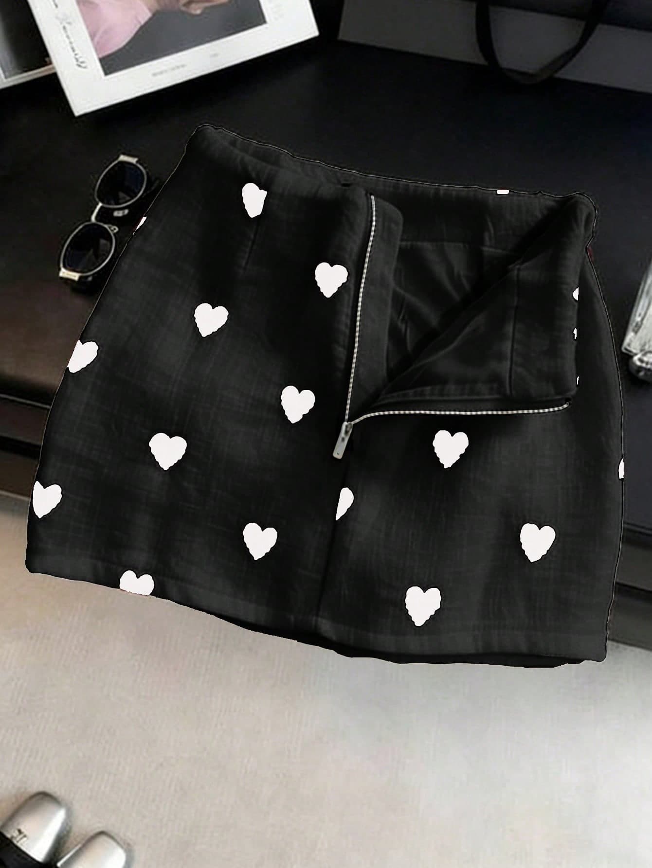 Franclia Korean Style Low Waist A-Line Fashionable New Slimming Heart Print Zipper Skirt For Women