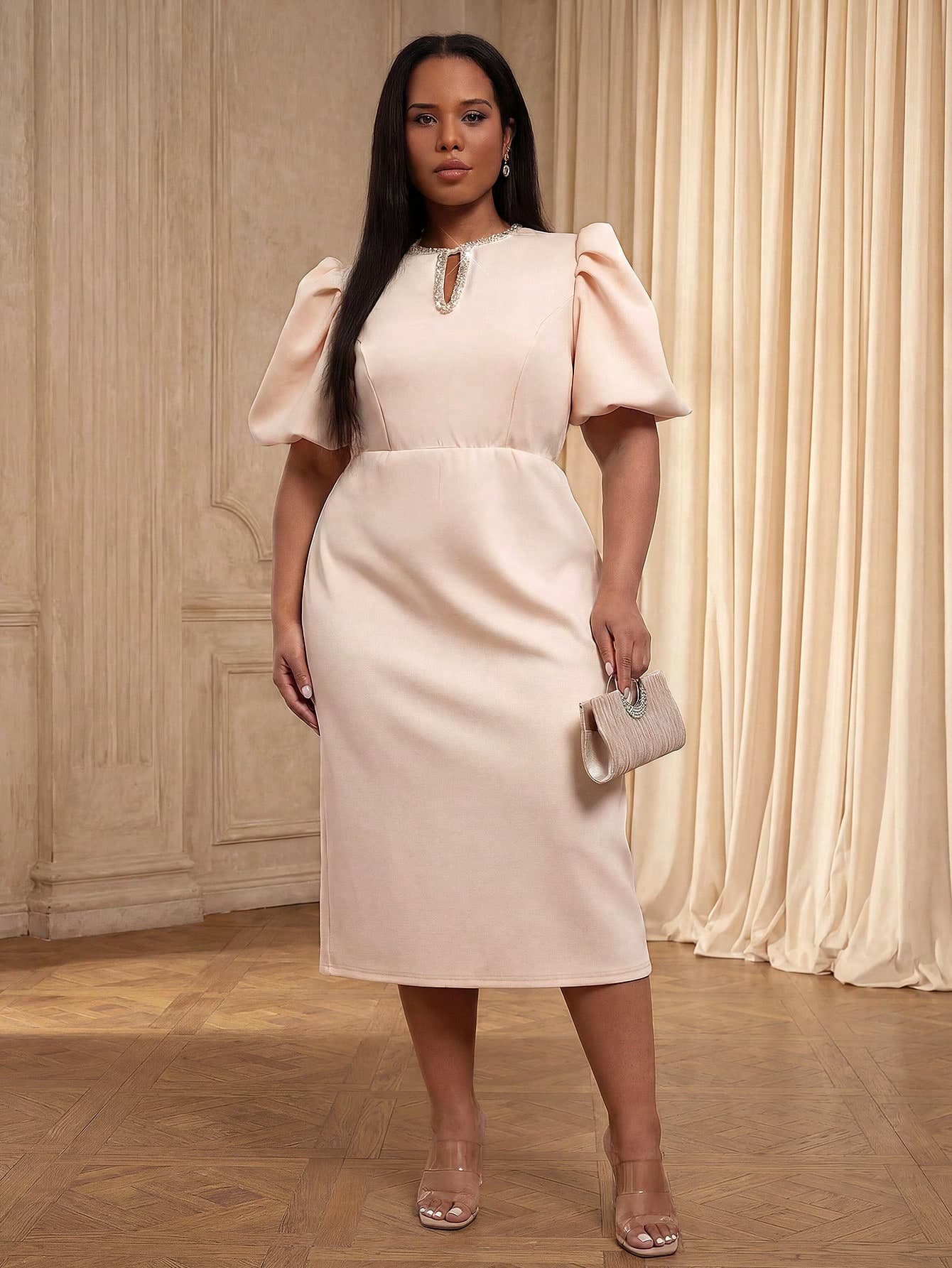 ELLERISSA Curve Elegant Formal Pink Summer Evening Wear Pencil Dresses For Women,Apricot Rhinestone Neck Puff Sleeve Bodycon Plus Size Party Dress
