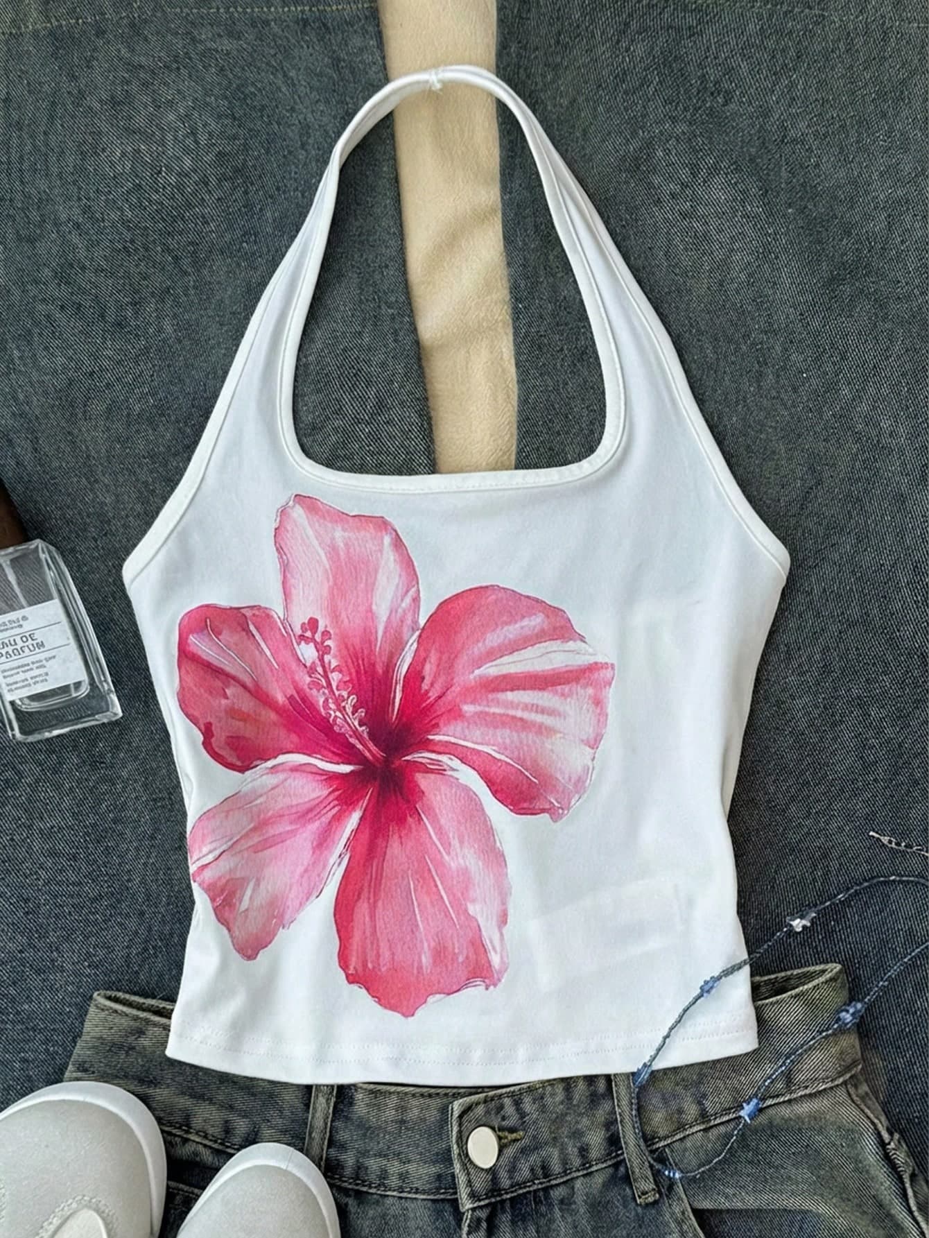 SHEIN Teen Girls Flower Print White Tank Top,Summer Boho Beach Vacation Holiday,Numeric & Letter Fitted T-Shirt,Casual Streetwear Preppy Y2k Workout Tops