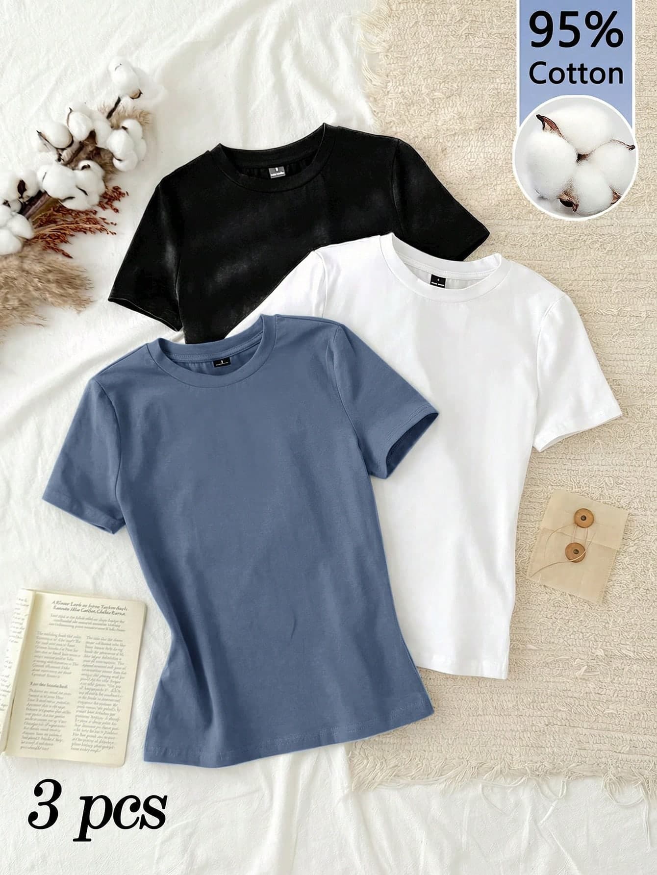 Tseoso 3pcs Set Women Casual Minimalist 95% Cotton Round Neck Slim Fit Short Sleeve T-Shirt