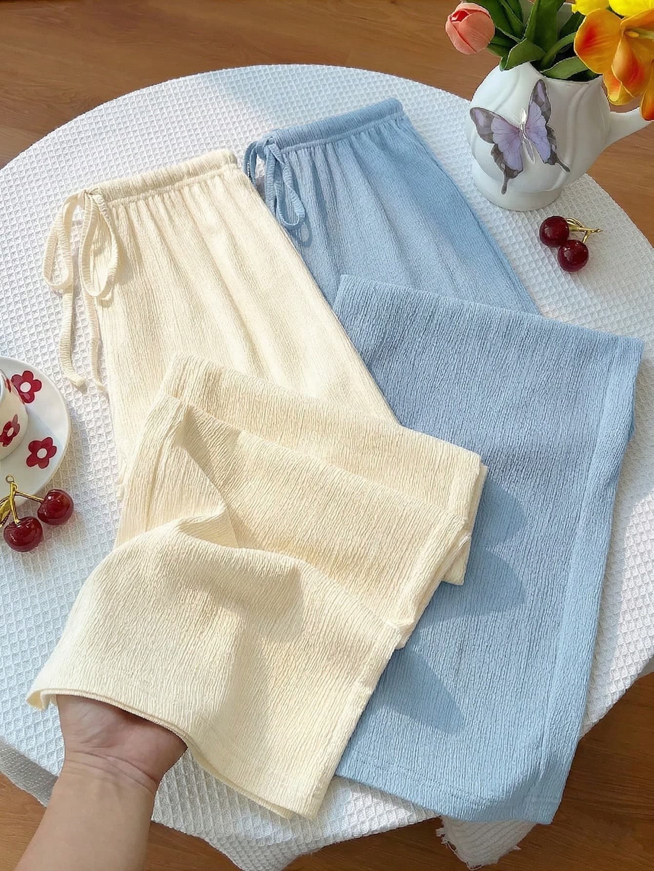 Sweetra Y2K Casual Vacation Versatile Collegiate Textured Wide Leg Pants