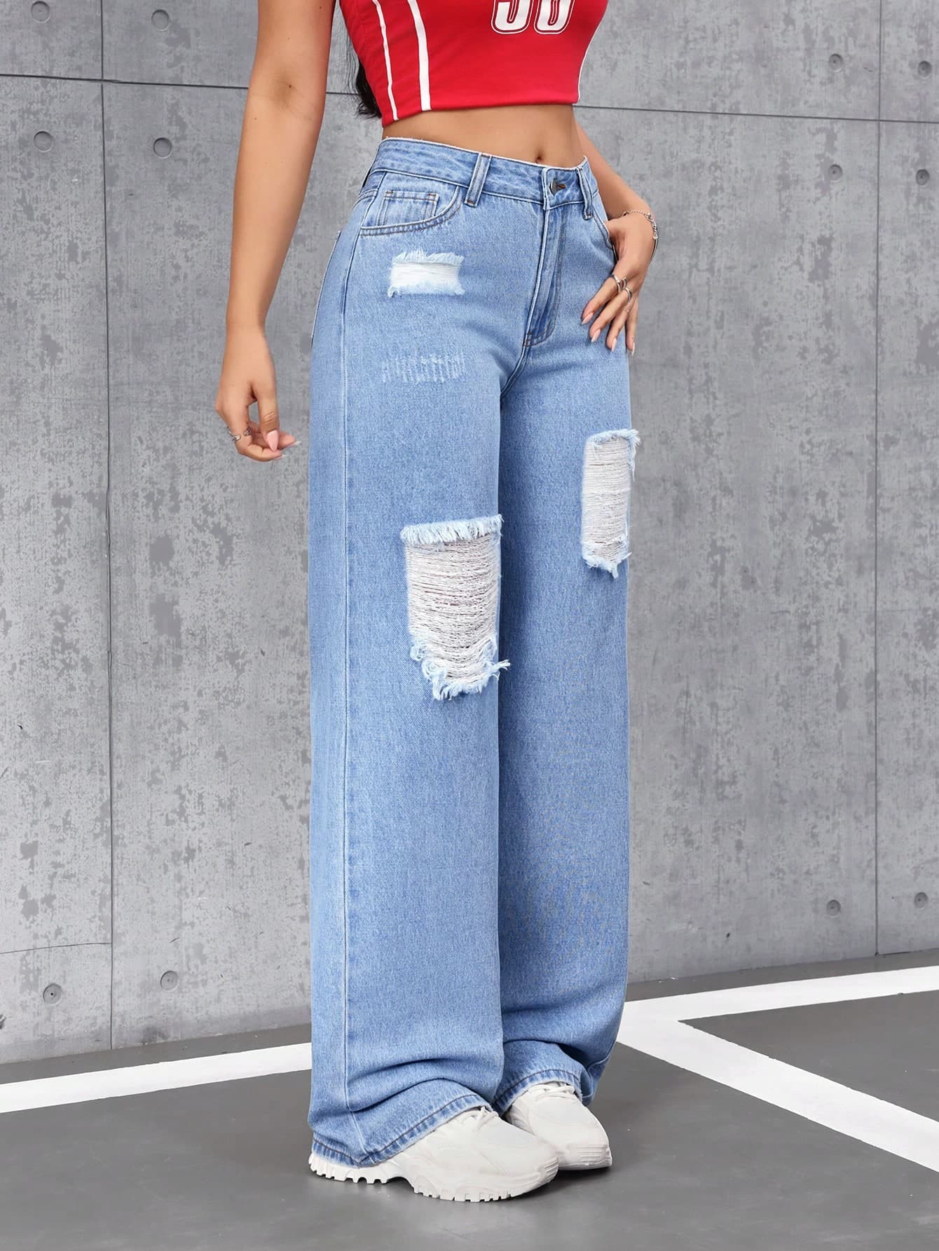 SHEIN Tall Women's Pocket Button Distressed Casual Versatile Daily Wear Denim Jeans, Tall Women