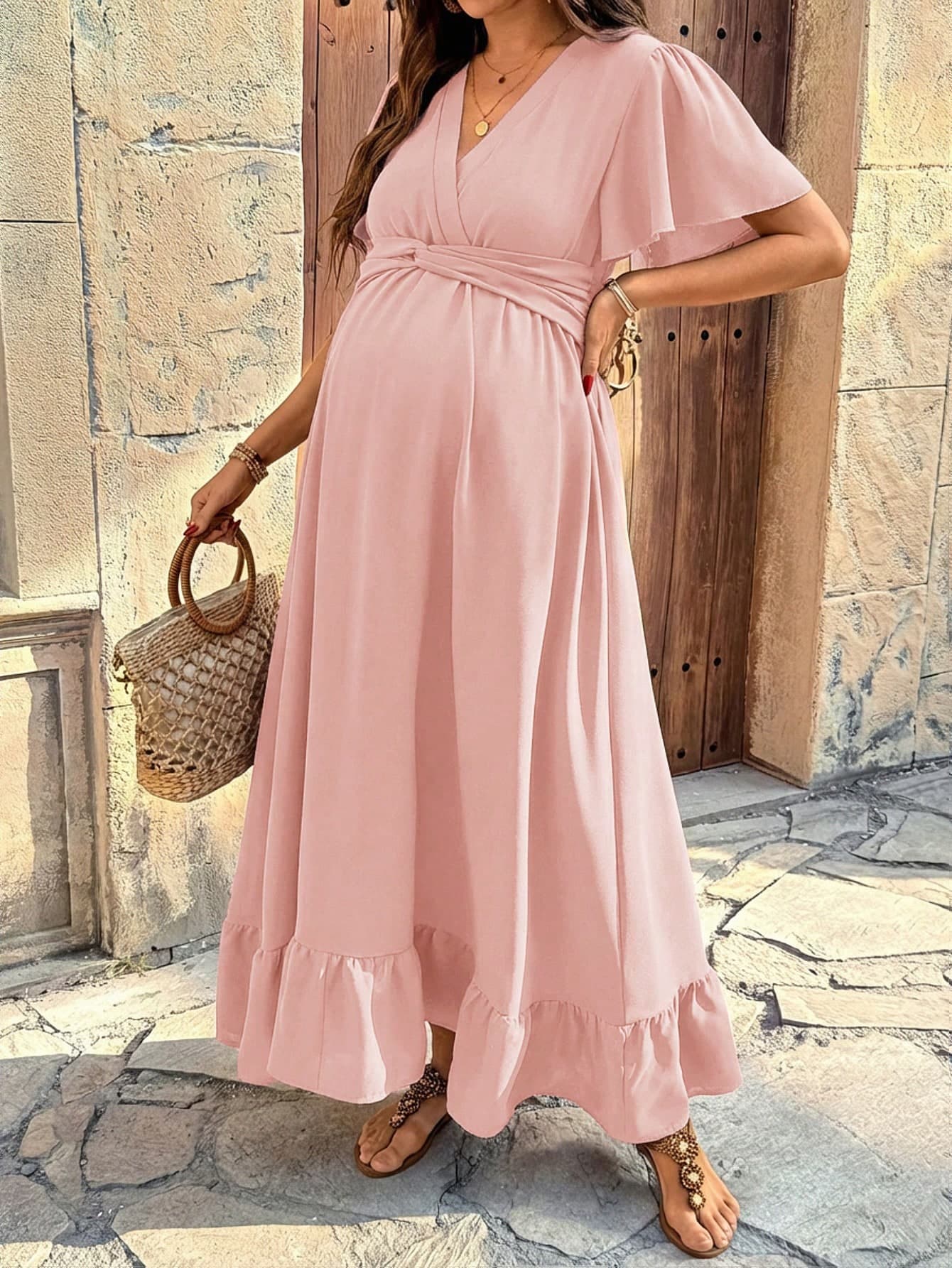 SHEIN Pregnant Women's Solid Color Overlapping V-Neck Ruffle Short Sleeve Elegant Dress