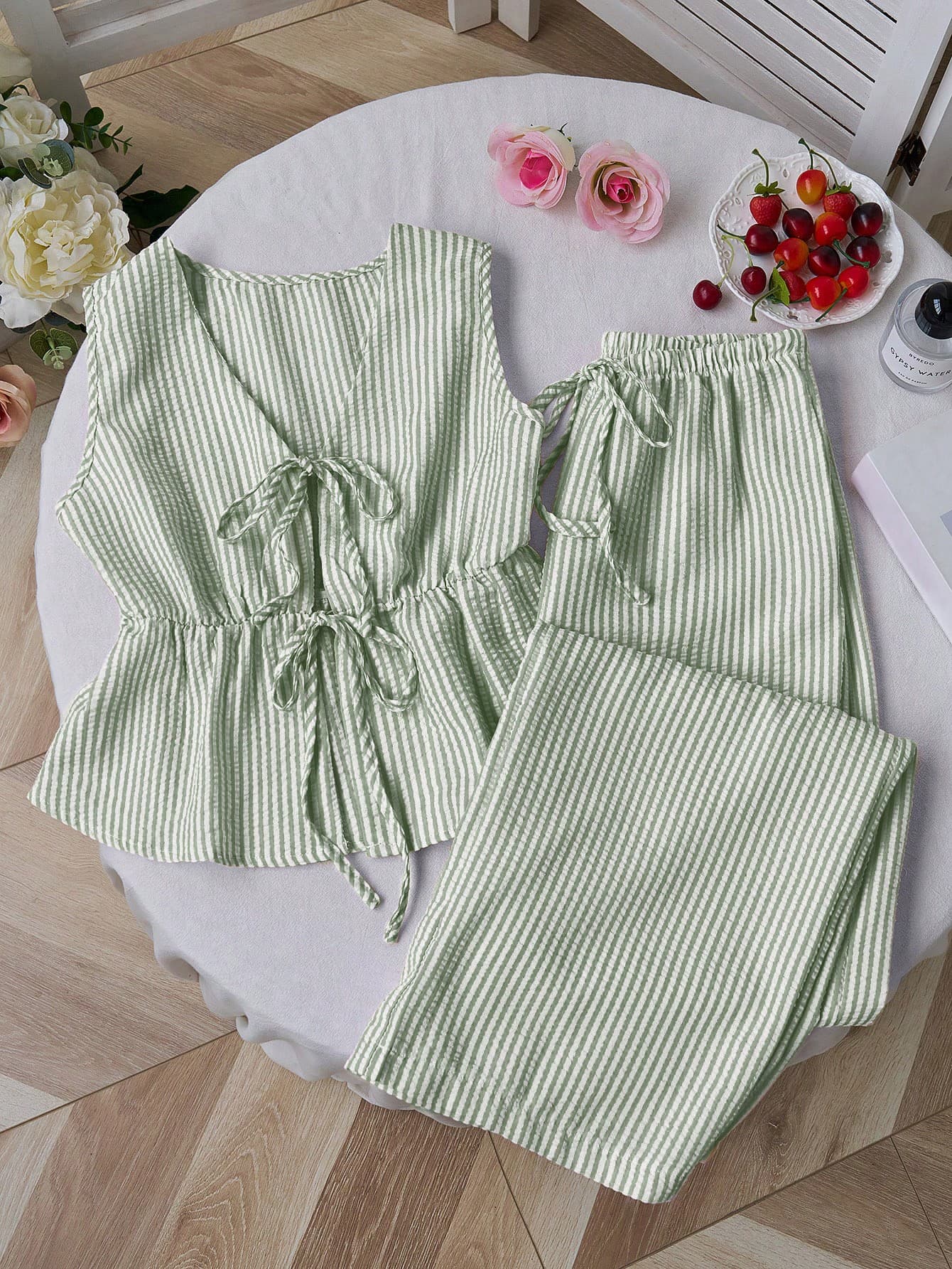 Sweetra European And American Summer New Pink Striped Lace-Up Minimalist Casual Straight Leg Pants, Women 2 Pieces Set