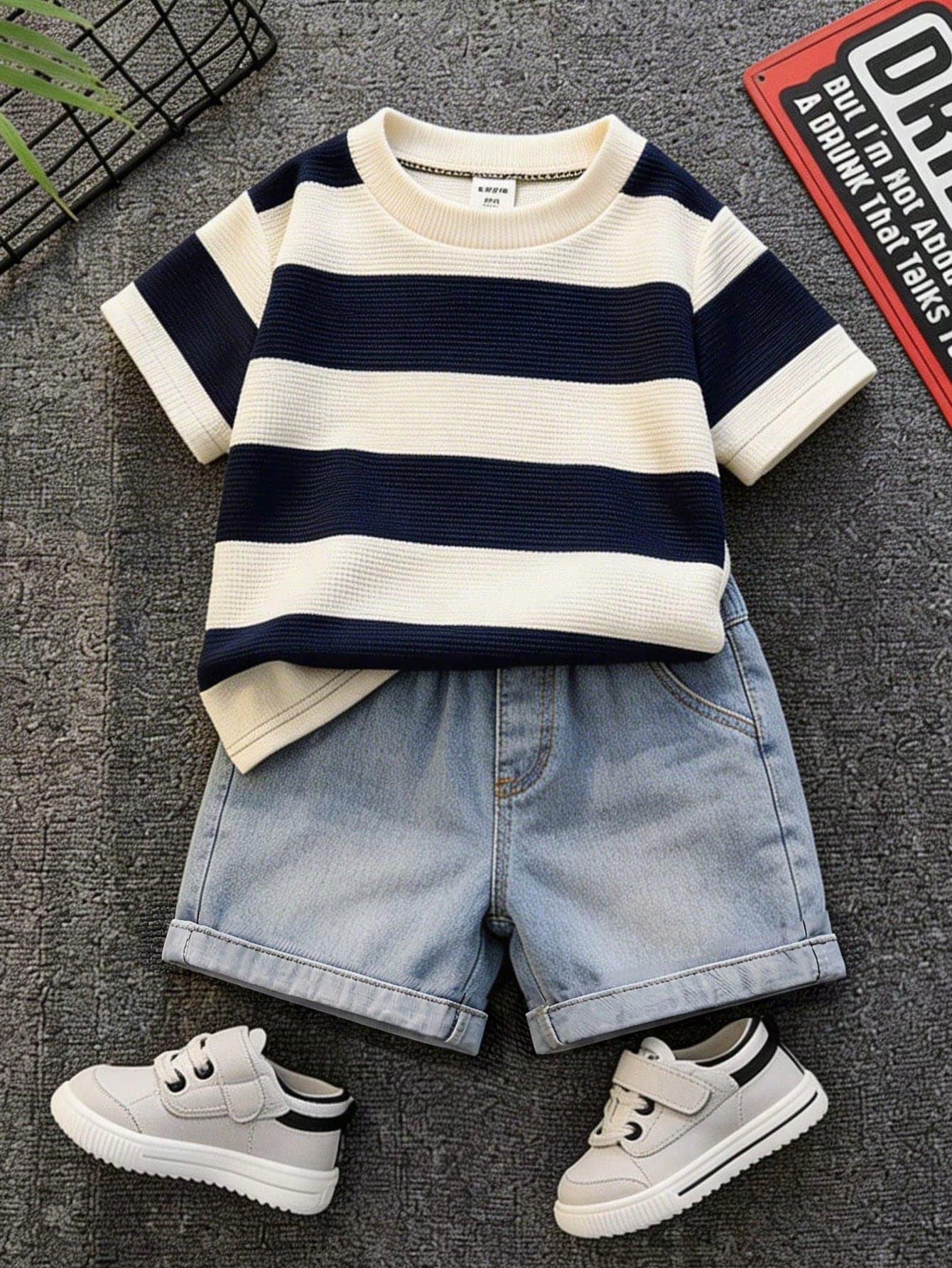 SHEIN 2pcs Baby Boy Casual Cute Black & White Striped Short Sleeve T-Shirt And Denim Shorts Set, Suitable For Spring/Summer