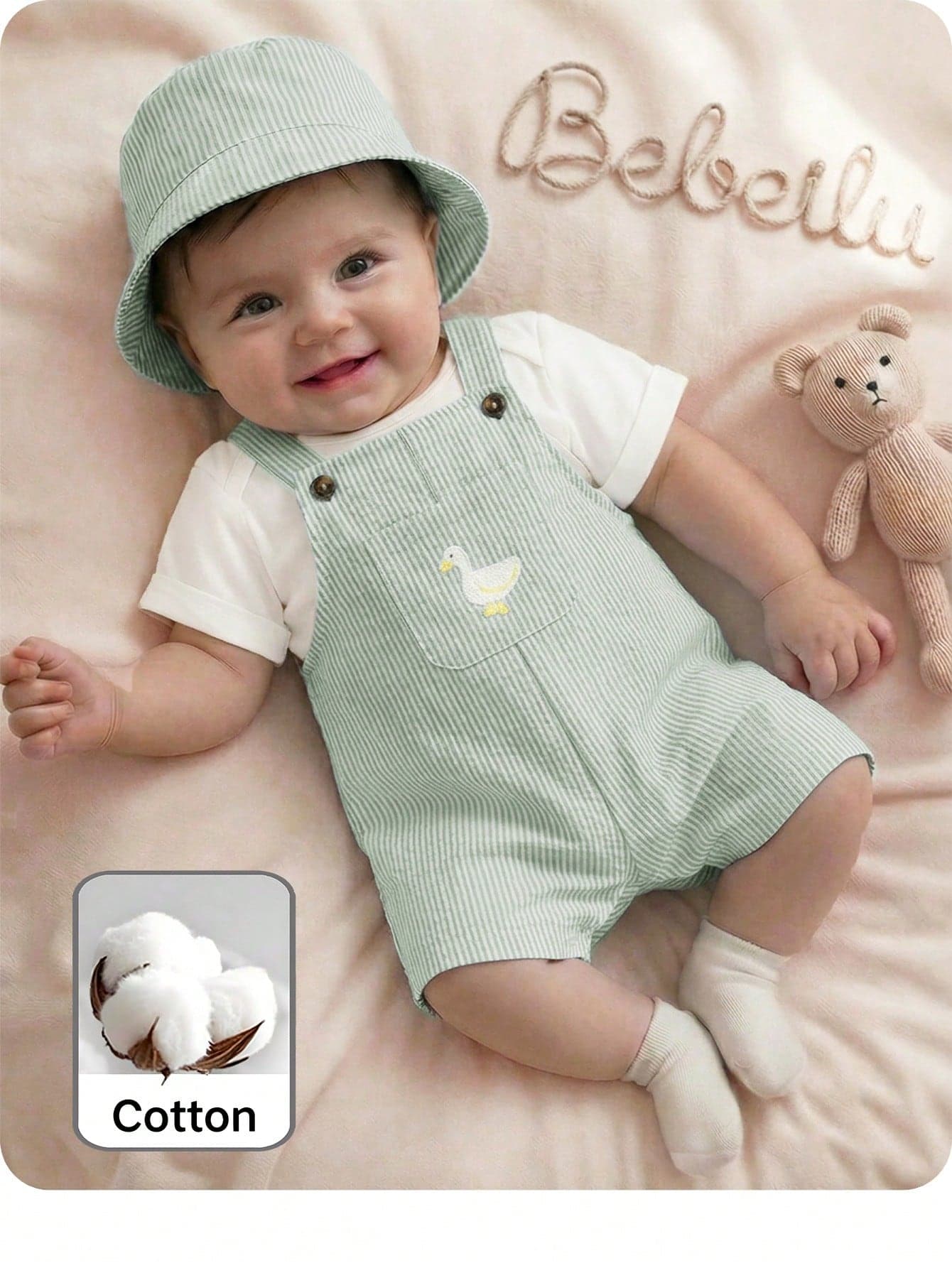 SHEIN Newborn Baby Boy Cute Summer Versatile Cartoon Duck Striped Romper & Hat Set