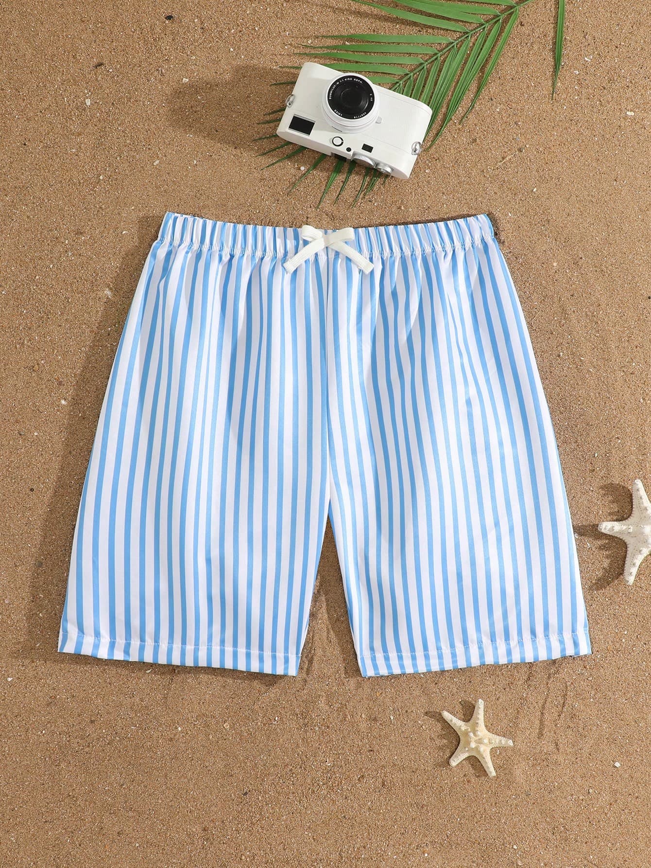 SHEIN Teen Boys Swimwear,Blue & White Vertical Striped Knit Fabric,Loose Waistband Regular Fit Beach Shorts For Summer,Beach,Holiday,Swimming,Pool Party