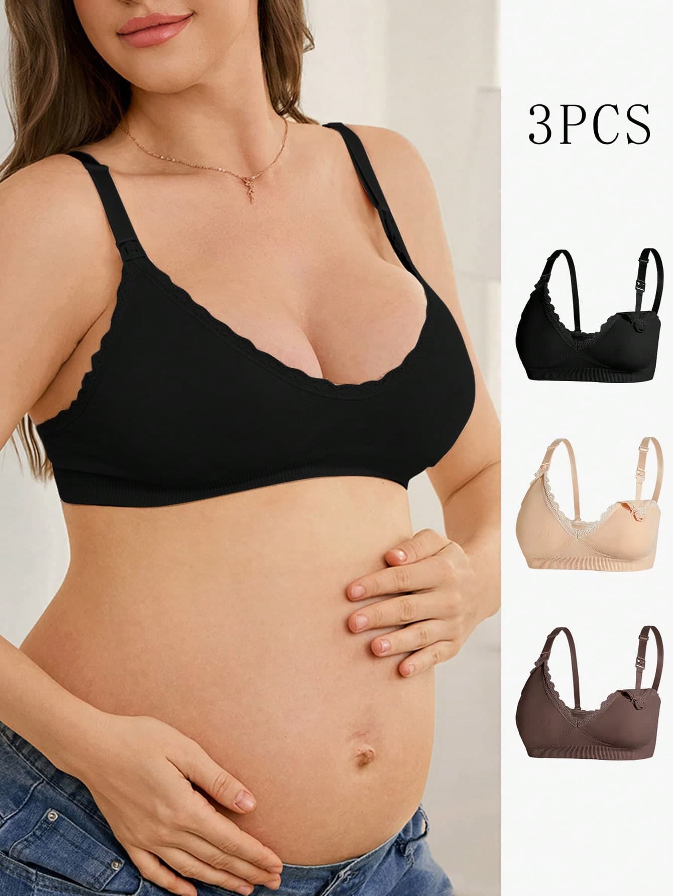 Moonlight&Mama 2026 Hot Selling Women's Fashionable & Comfortable Minimalist Solid Color High Quality Seamless Maternity & Nursing Bra 3 Pieces Set