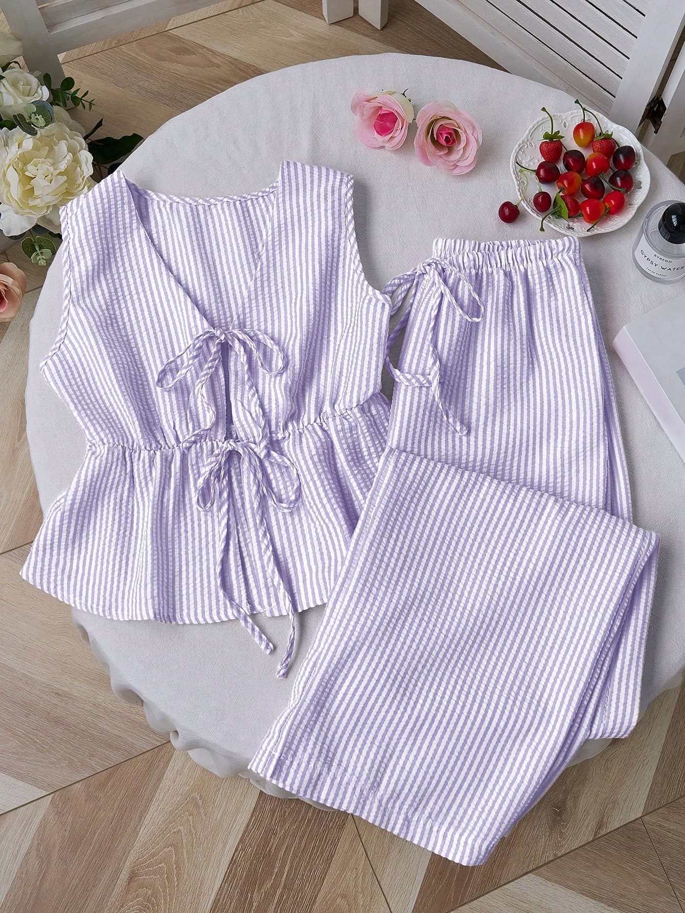 Sweetra European And American Summer New Pink Striped Lace-Up Minimalist Versatile Straight Leg Pants, Women 2 Pieces Set
