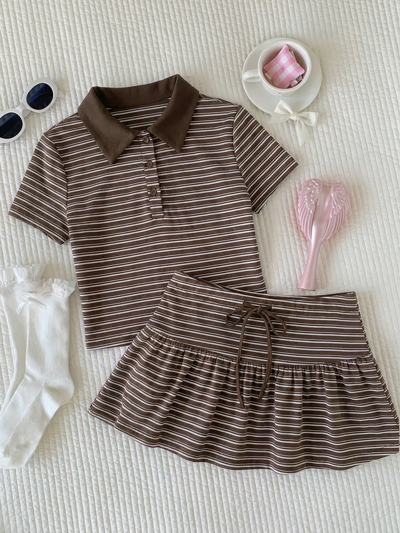 Comfortcana Women Brown Striped Print Short Sleeve Top And Mini Skirt 2 Pieces Set,Back-To-School Outfits Women,Summer Outfits For Women School Cute