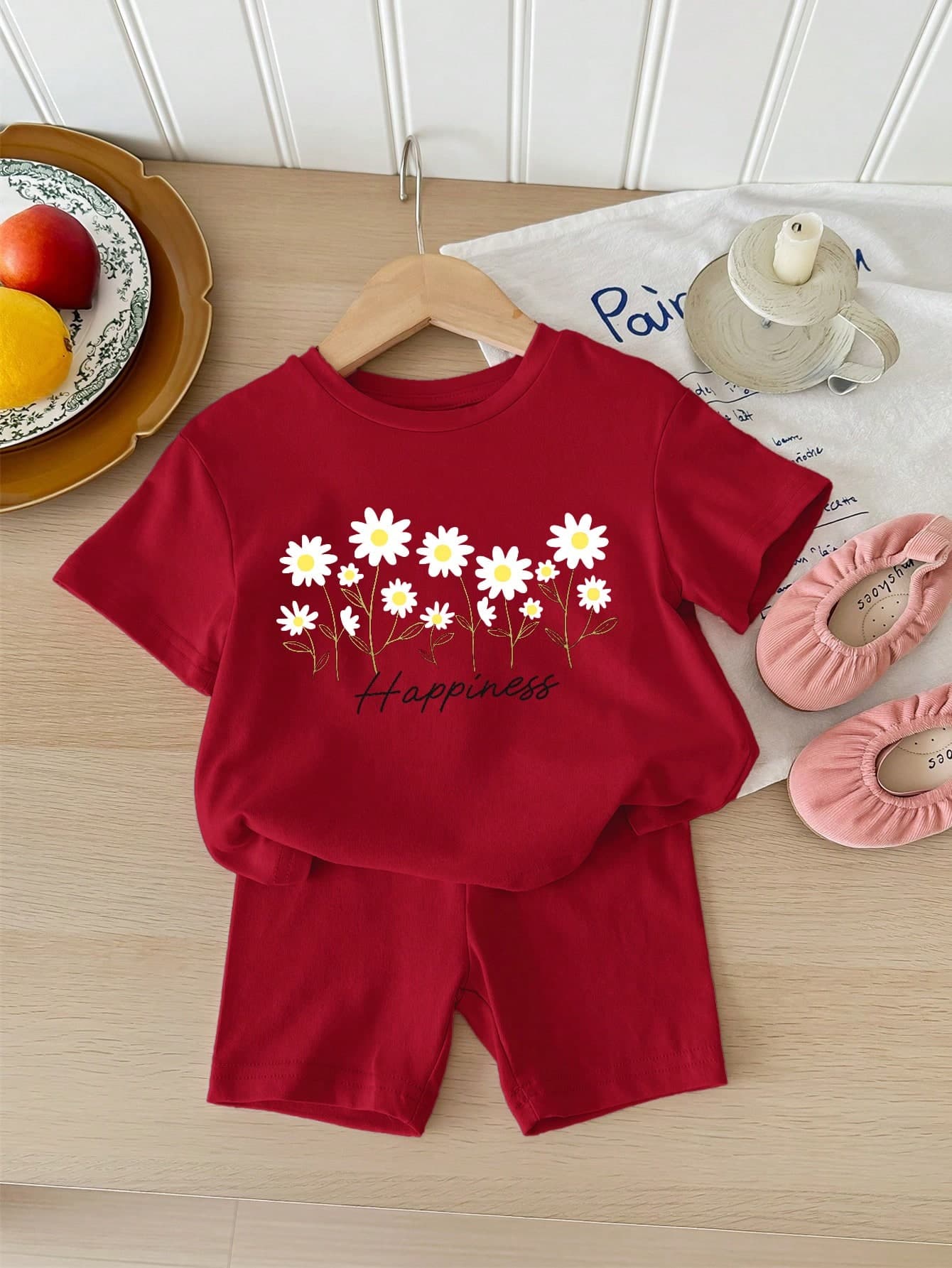 SHEIN Happikins Baby Girl Casual Minimalist Short Sleeve Shorts Set, Suitable For Summer