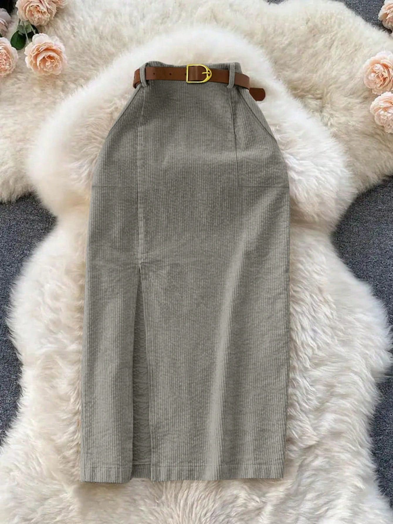 Franclia Women's Solid Color Corduroy Pocket Slit Skirt With Belt Skirts For Ladies Pencil