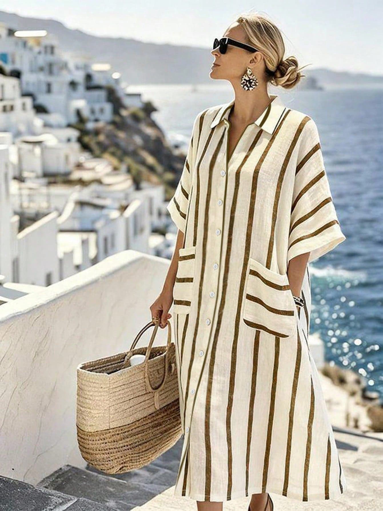 EMERY ROSE Plus Size Women's Summer Casual Minimalist Versatile Vacation Style Beige And Brown Vertical Stripe Random Print Shirt Collar Pocket Button Design Loose Fit Plus Size Shirt Dress Suitable For Spring, Summer, Autumn