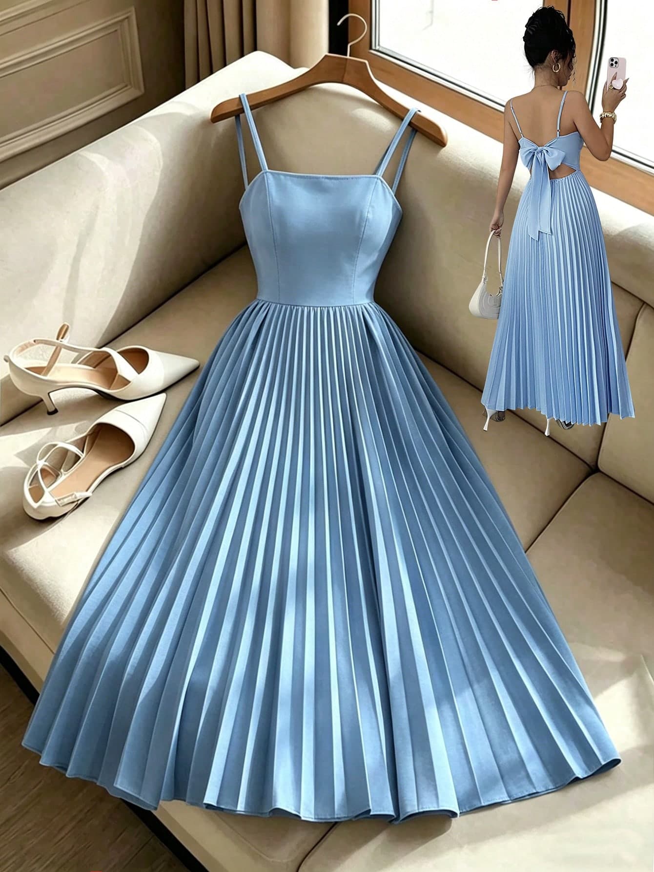 Rafferiza Summer Elegant Light Blue Party Dress,Lightweight Fitted Square Neck Spaghetti Straps Open Back Bow Tie Design,High Waistline A-Line Dress