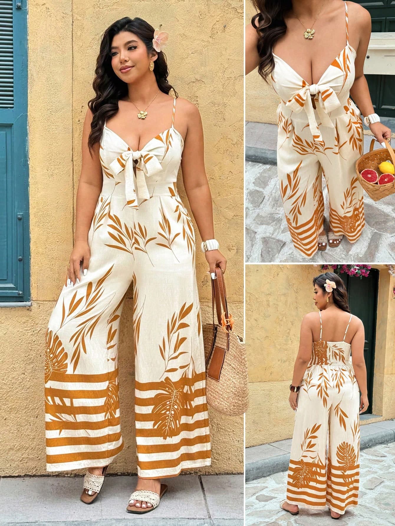 Breezaya Plus Size Women's Beige Spaghetti Strap Bow Tie Waist Leaf Print Jumpsuit,Boho Summer Vacation Holiday Beach Outfits 2 Piece Set Co Ord Outfits